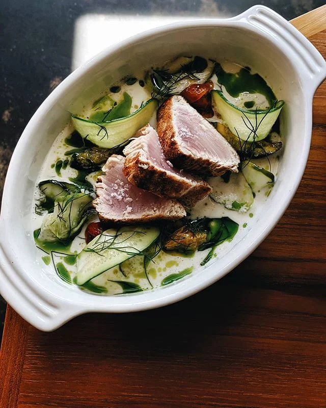 New Summer Dish 🙌 it's like a new take on a classic Vichyssoise - Oregon Albacore, varieties of local zucchini and squash, oil cures sweet 100s, cucumber-buttermilk dressing. @bjsmithpdx #fresh #oregon #albacore #new #summer