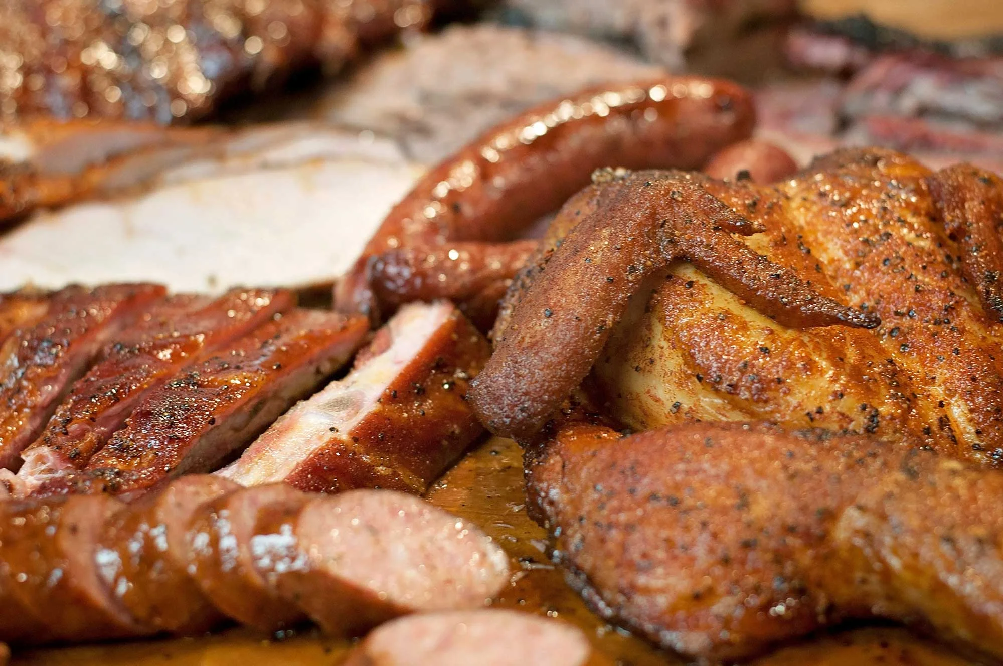 Smoked sausage, chicken and ribs