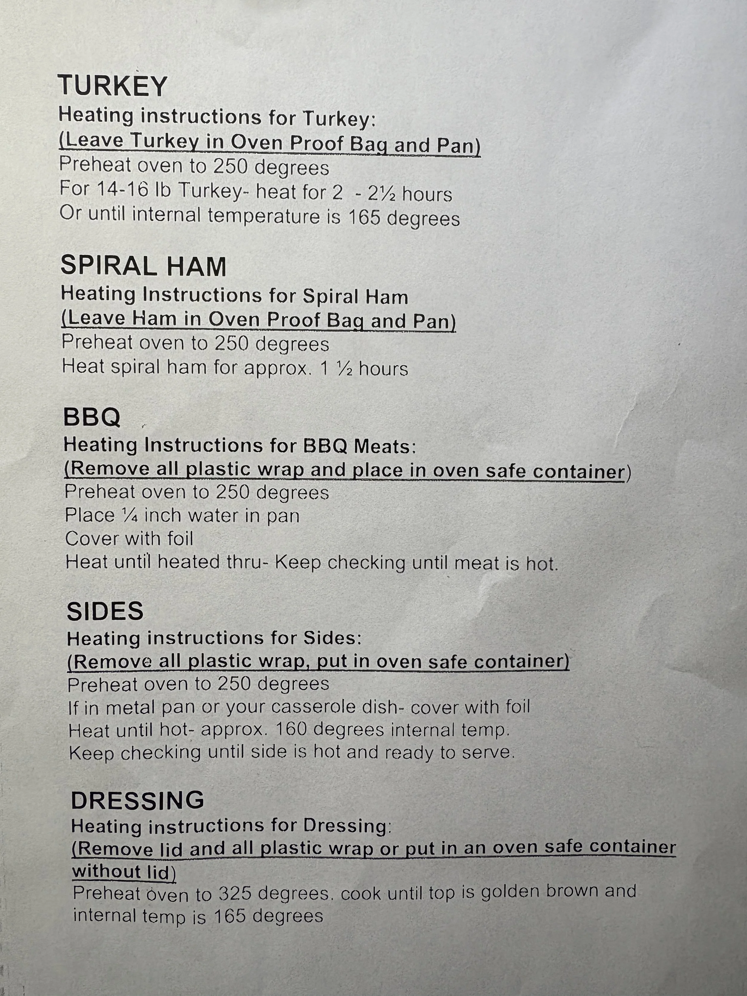 Holiday Reheating Instrucions