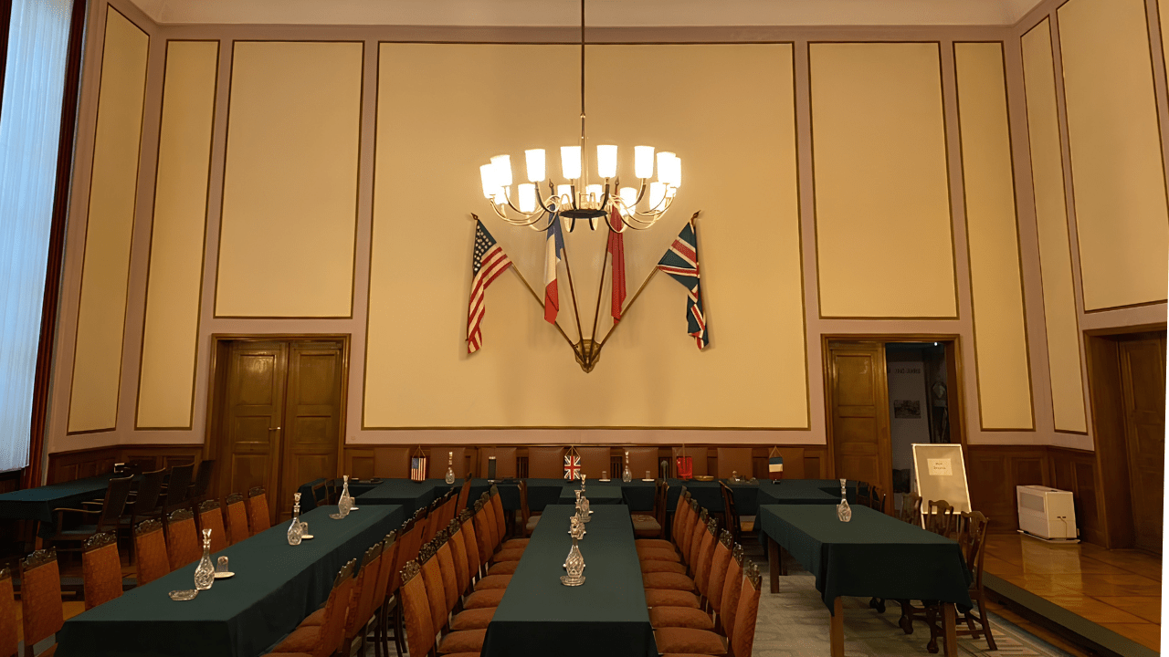 The historic surrender hall at Karlshorst where German military representatives signed the final capitulation documents ending World War II in Europe.