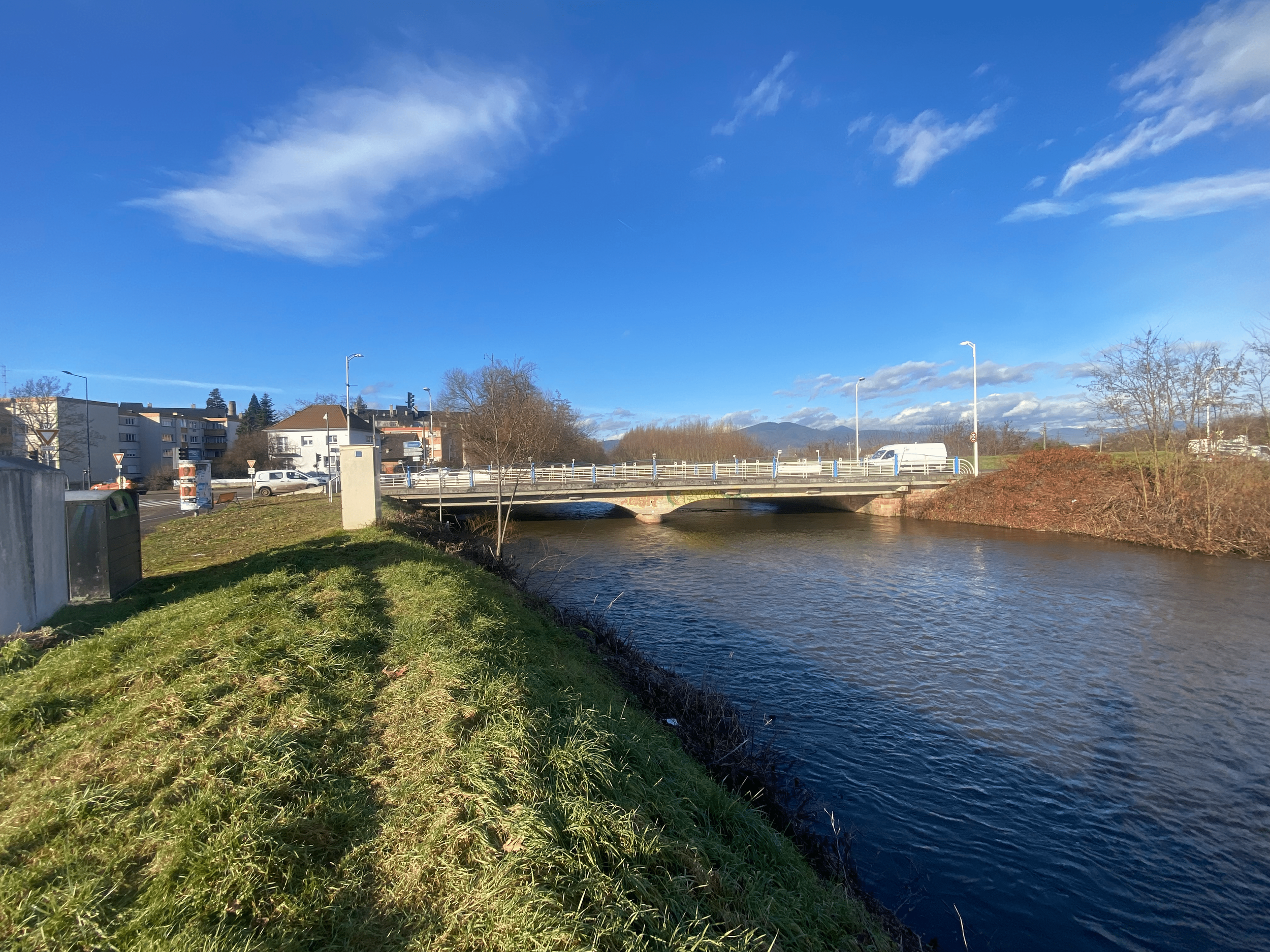 River and road bridge at Sélestat, Alsace, where US infantry forced the Ill crossings in December 1944 during the Colmar Pocket.