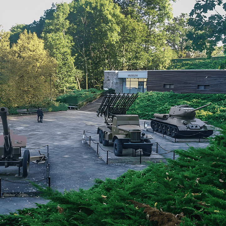 Soviet Katyusha rocket launcher and tanks on display in the yard of the Seelow Heights Museum