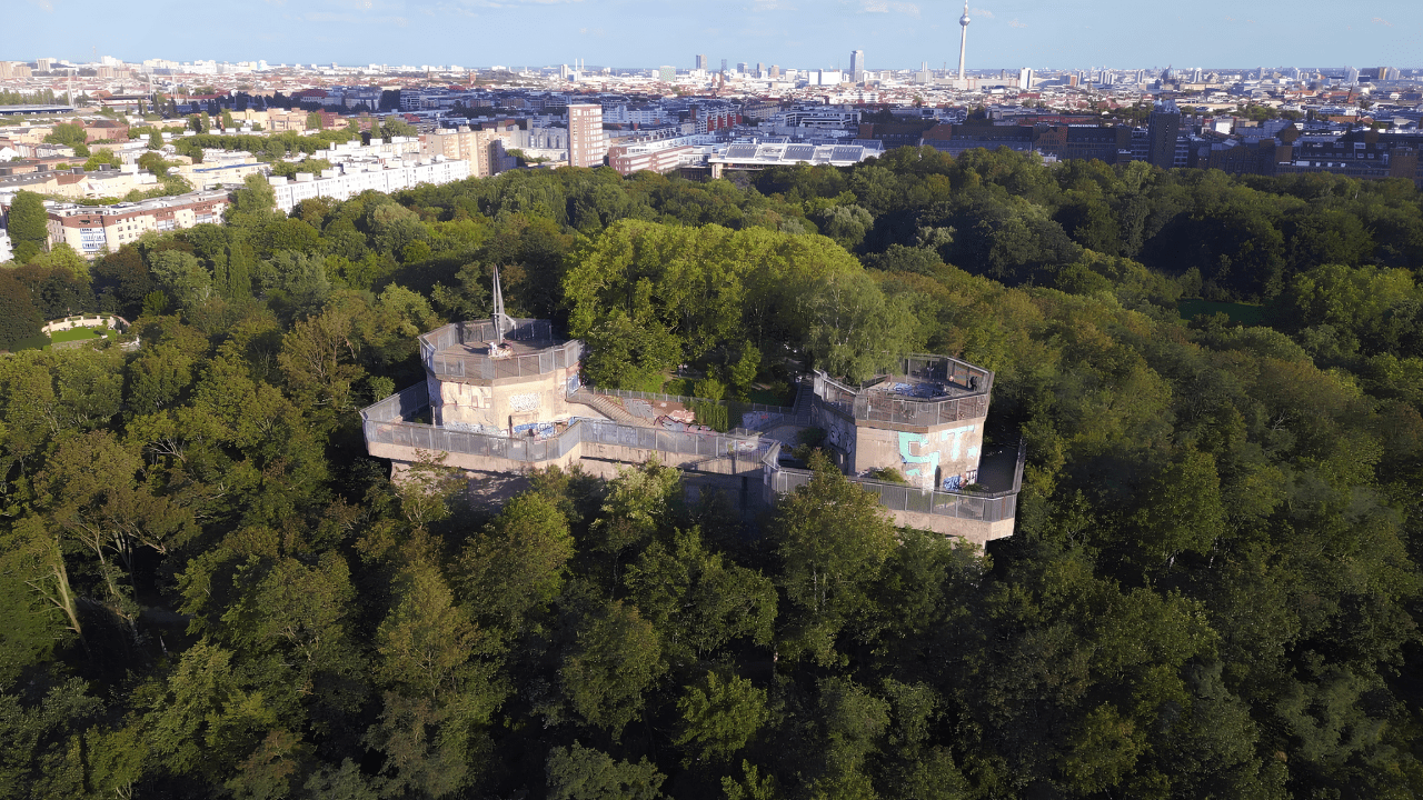 Aerial view of the Humboldthain Flak Tower, one of Berlin’s largest surviving WWII anti-aircraft defence structures and a key stop on our Hidden WWII Sites Tour.
