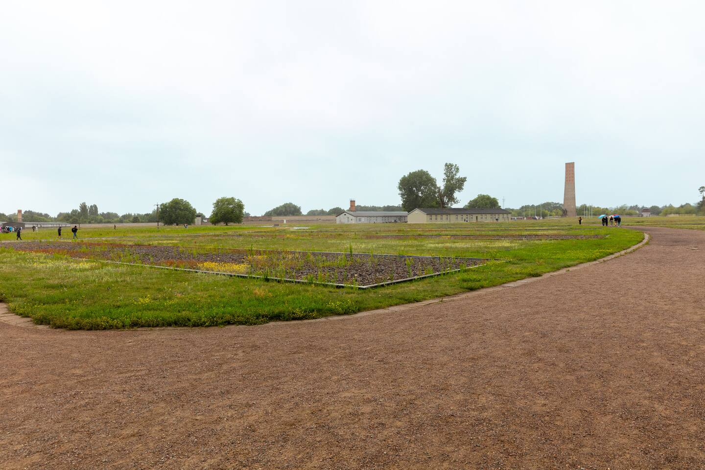 Wide view of the former Sachsenhausen Concentration Camp grounds showing the central memorial and reconstructed camp layout