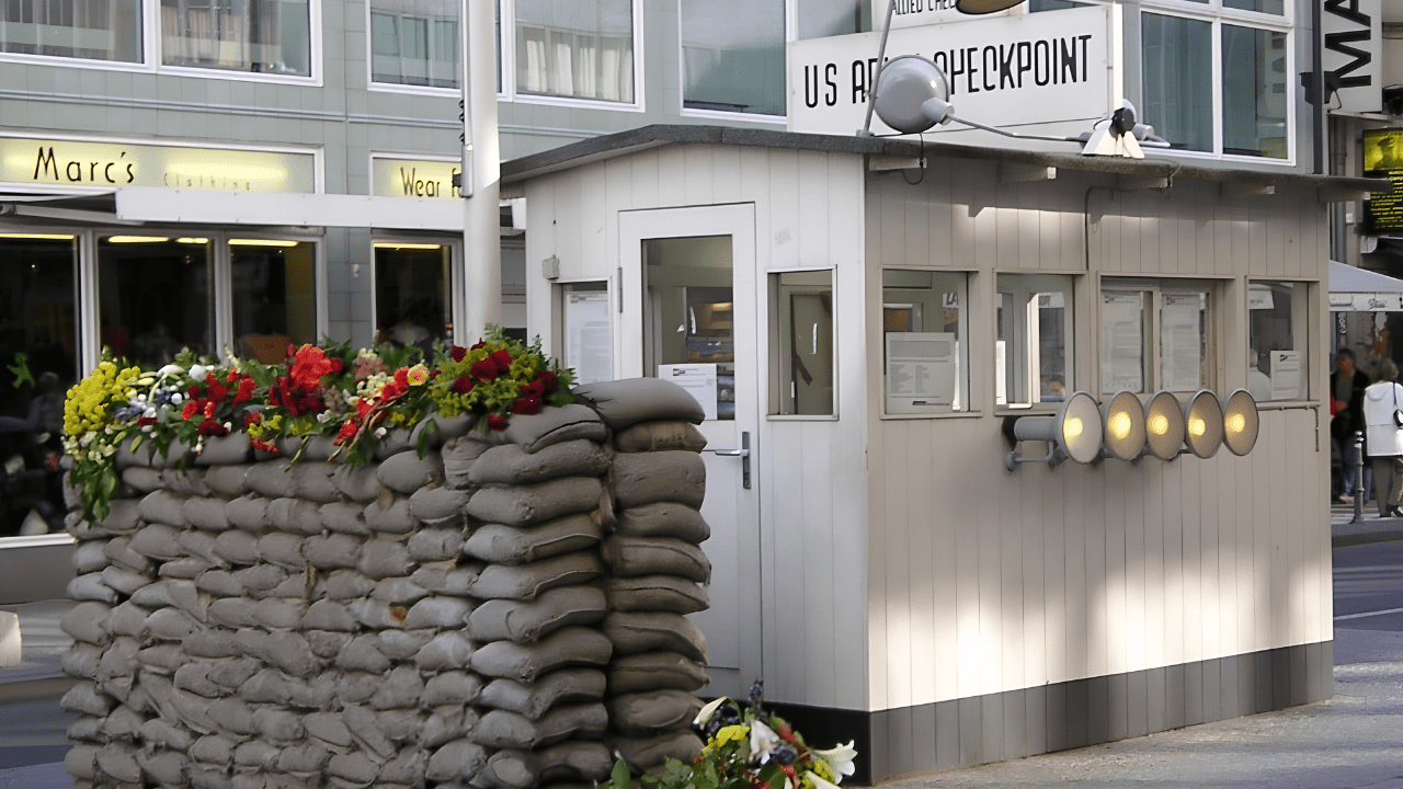 The Checkpoint Charlie guard hut and sector sign in Berlin, the Cold War's most famous crossing point.