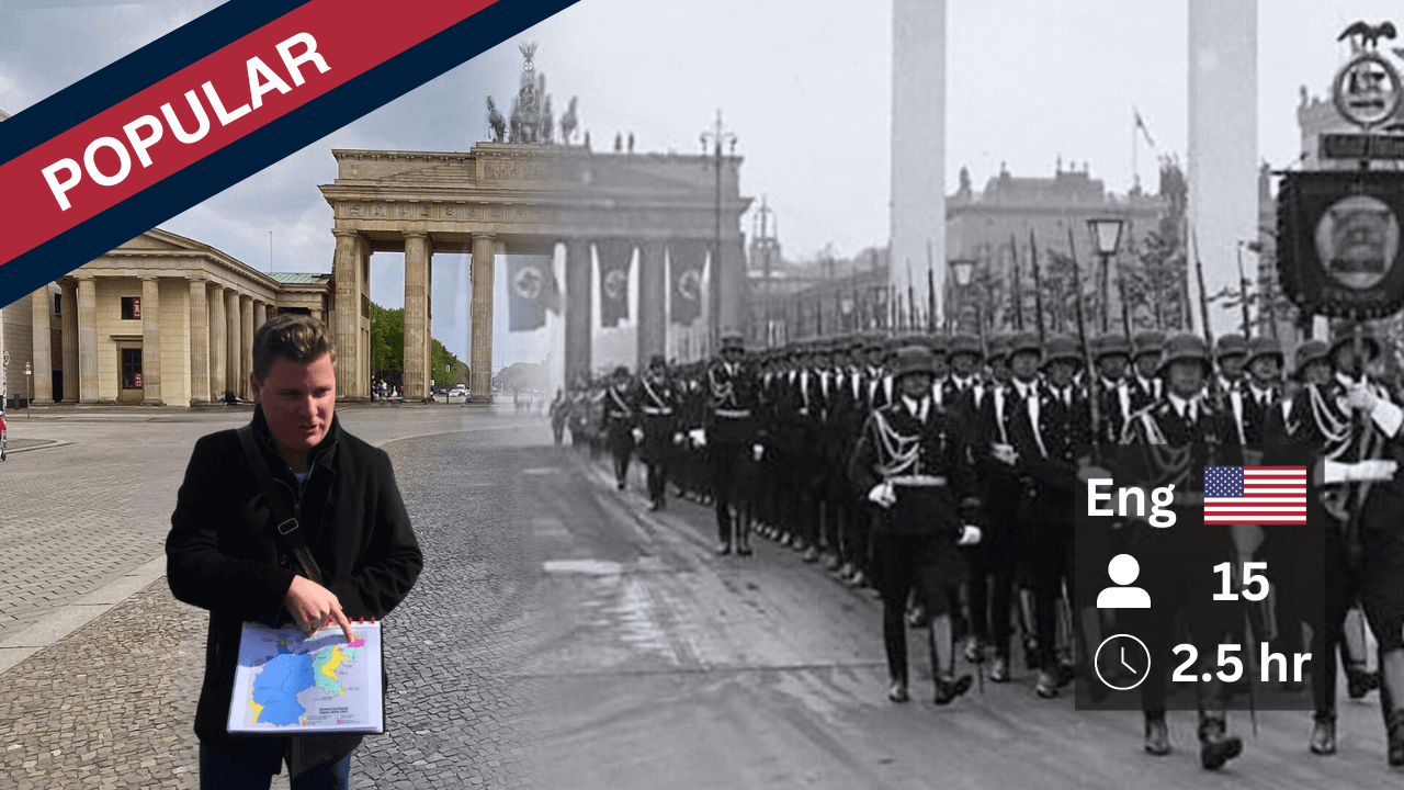 A photo collage showing a modern day young man holding a map of Europe standing in front of the Brandenburg Gate in Berlin, Germany, with a transition to a historic black-and-white march of soldiers in uniforms carrying flags. The collage has a 'POPULAR' banner and icons indicating it is an English language content, suited for 15 viewers, with a duration of 2.5 hours.