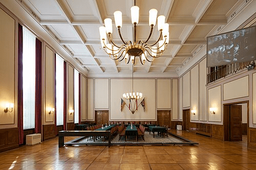The surrender hall at the German-Russian Museum Karlshorst, where Germany signed its unconditional surrender on 8 May 1945, ending World War II in Europe. CC BY-SA 3.0