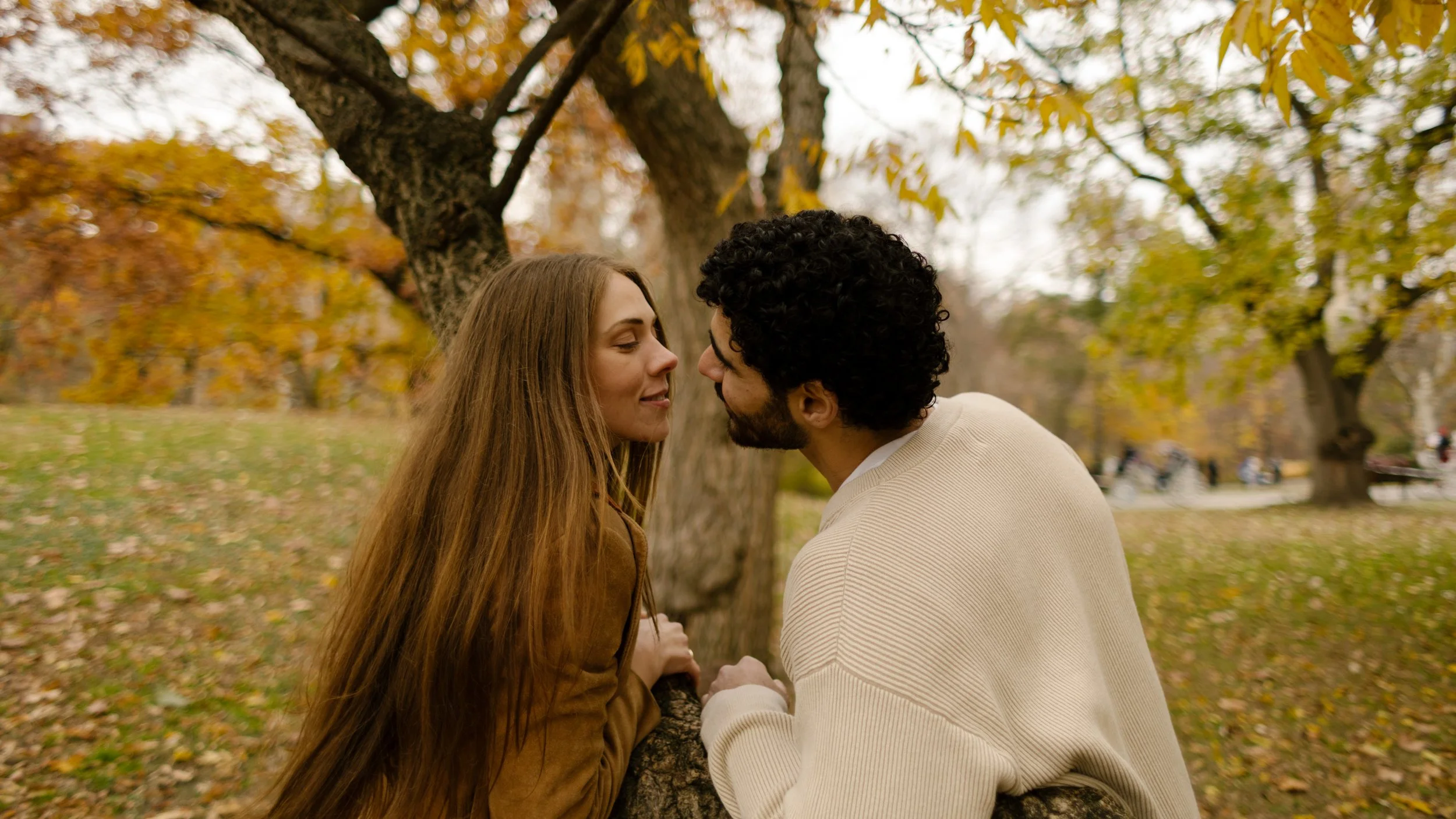 Couple leaning in for a kiss while perched on a tree during their Central Park photoshoot.