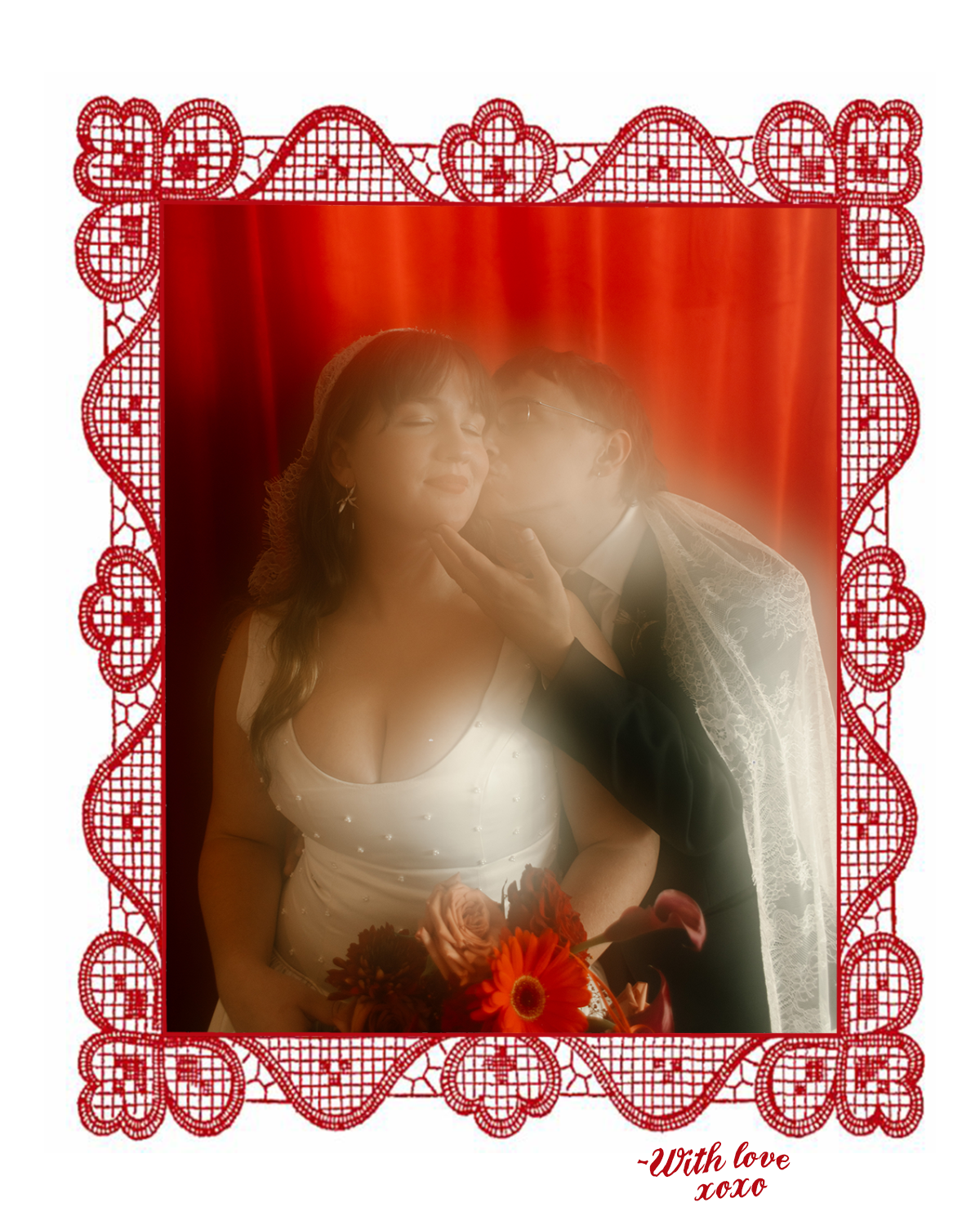 Vintage-style photo booth portrait of the couple framed in lace at their Tennessee wedding