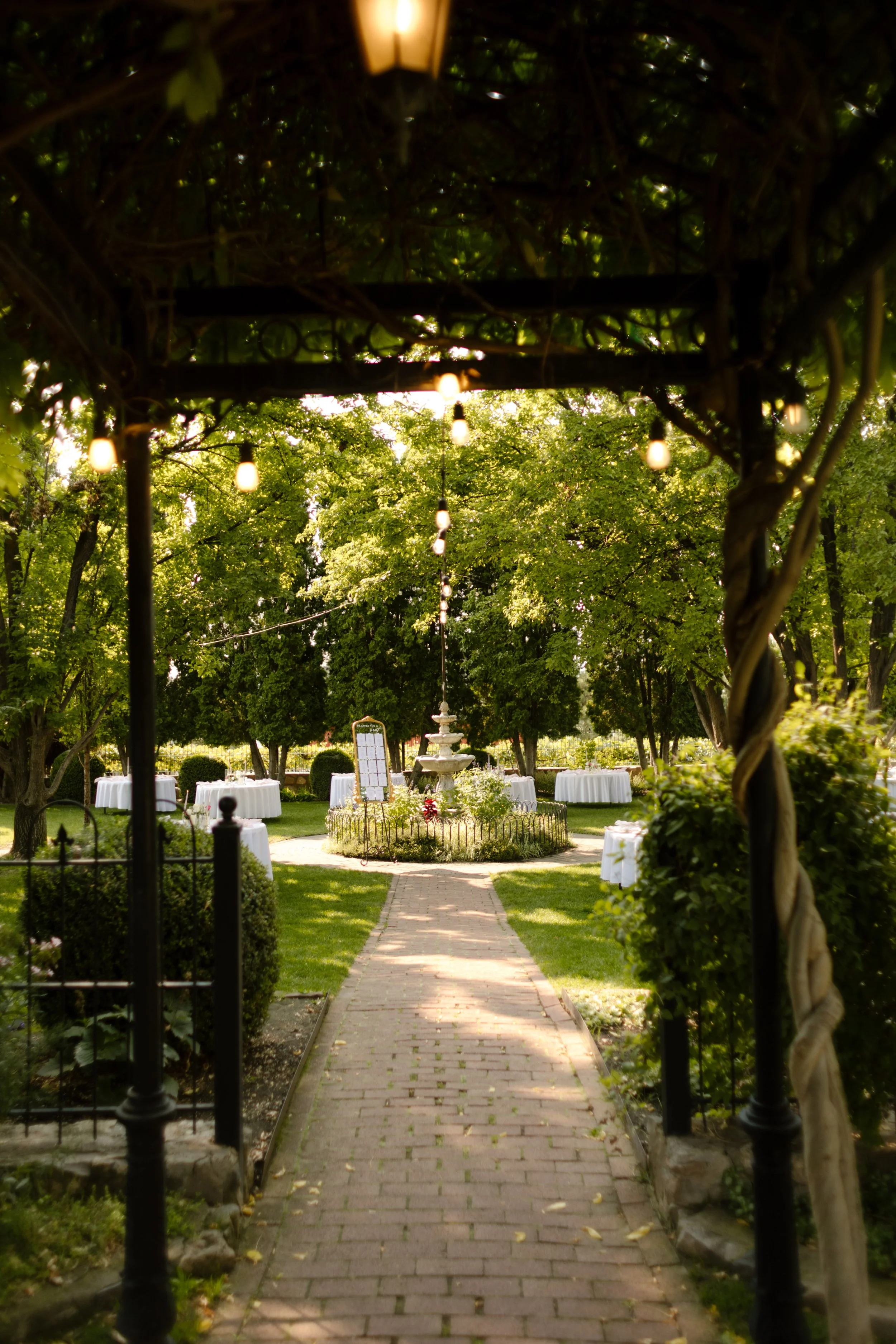 View of reception and cocktail space looking under a gazebo.
