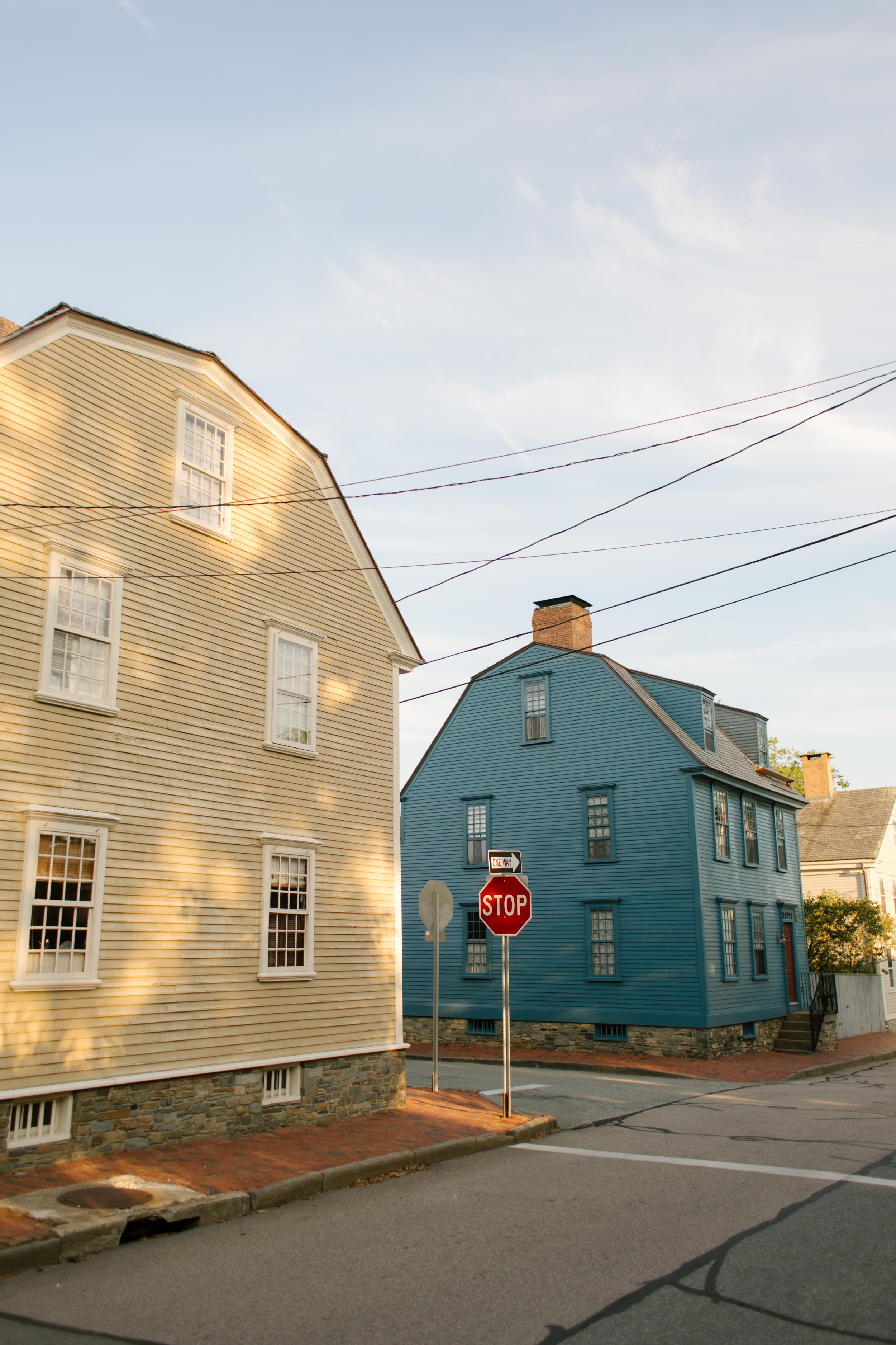 Historic Newport Rhode Island street with colonial homes and stop sign