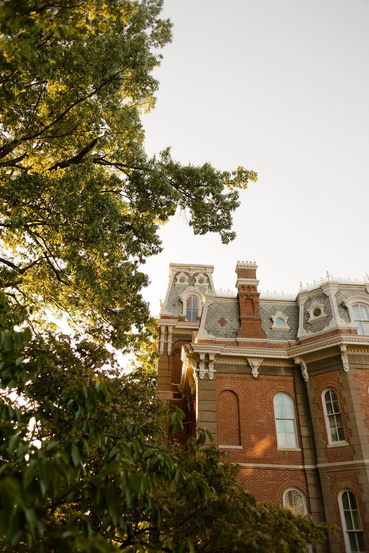 historic brick estate framed by tree branches in soft golden light, timeless architecture of a memphis wedding venue