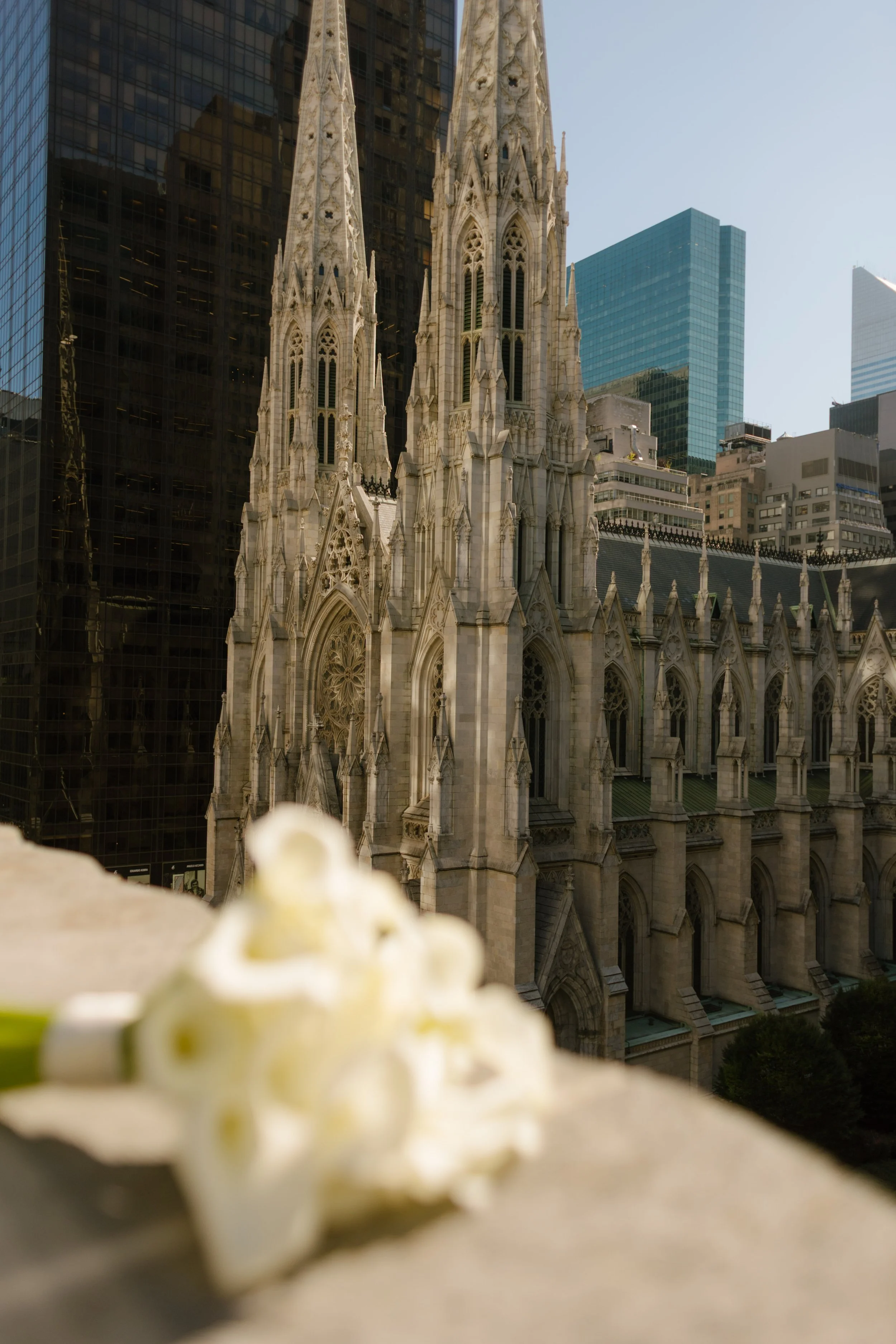 Bridal bouquet overlooking St. Patrick’s Cathedral and Midtown Manhattan skyline