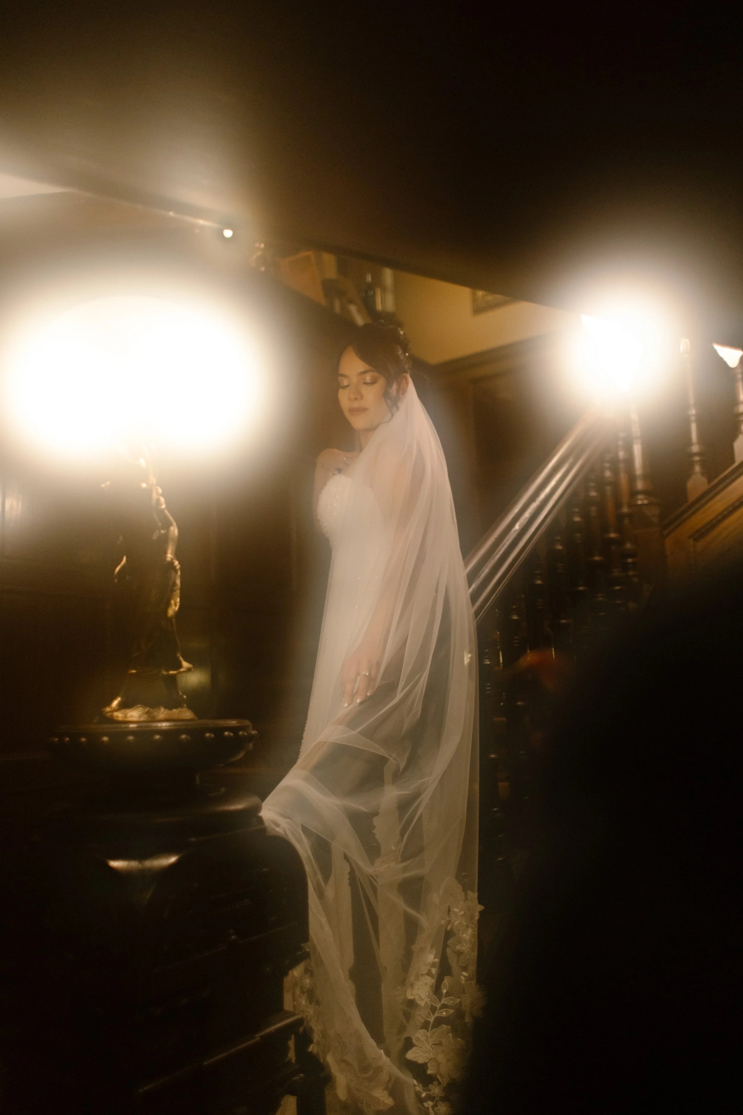 Bride standing on a grand staircase with dramatic lighting and flowing cathedral veil