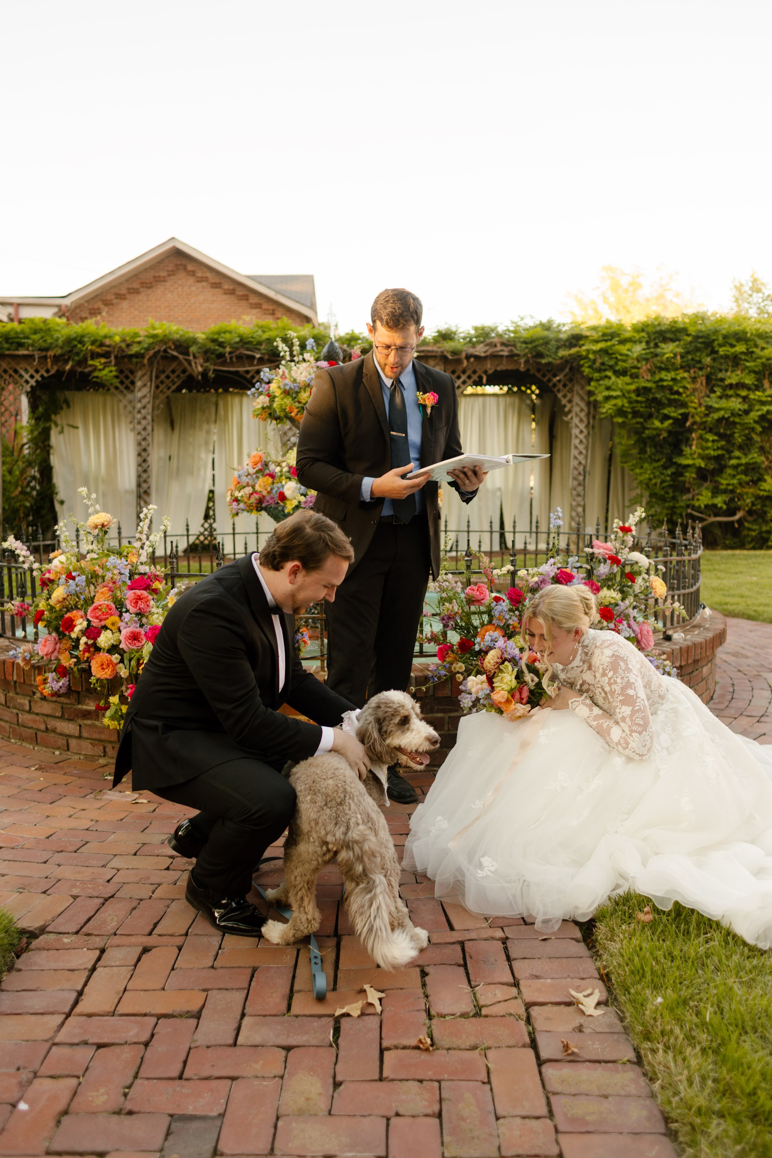 Bride and groom pausing to greet their beloved dog during an outdoor wedding ceremony