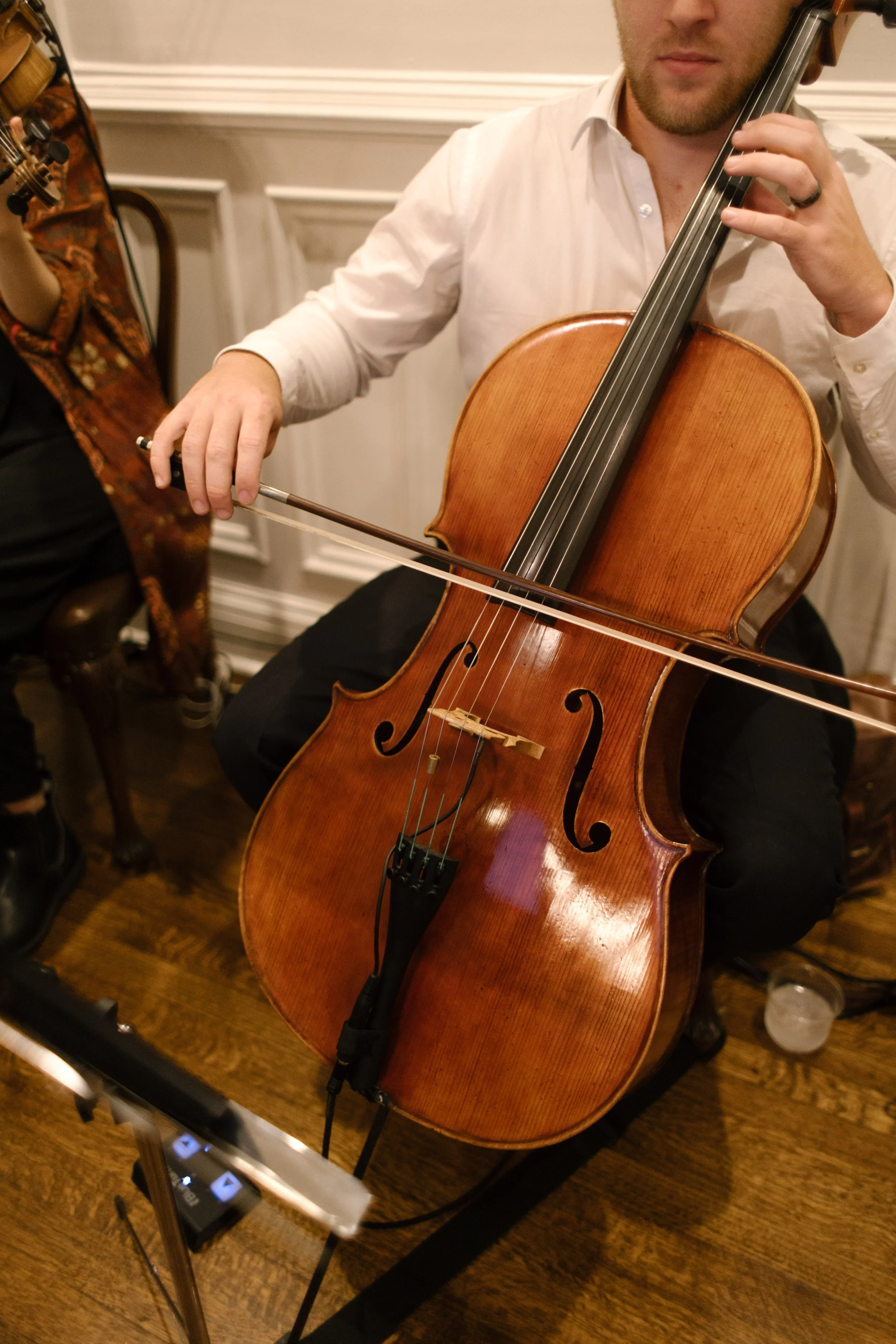Live string musicians performing during the reception, adding elegance and ambiance to the wedding evening festivities