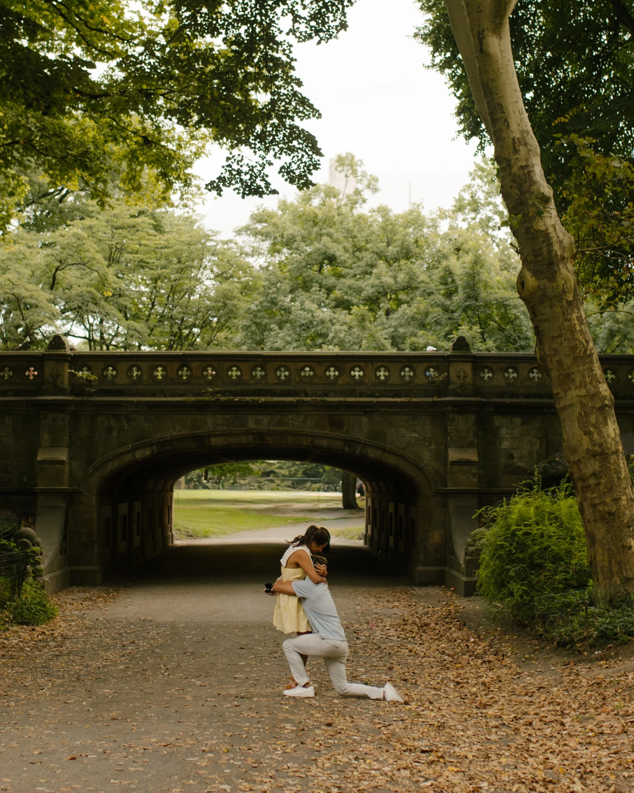 Chris gets down on one knee to propose to Sienna beneath a stone bridge in Central Park, capturing their romantic new york proposal surrounded by greenery.