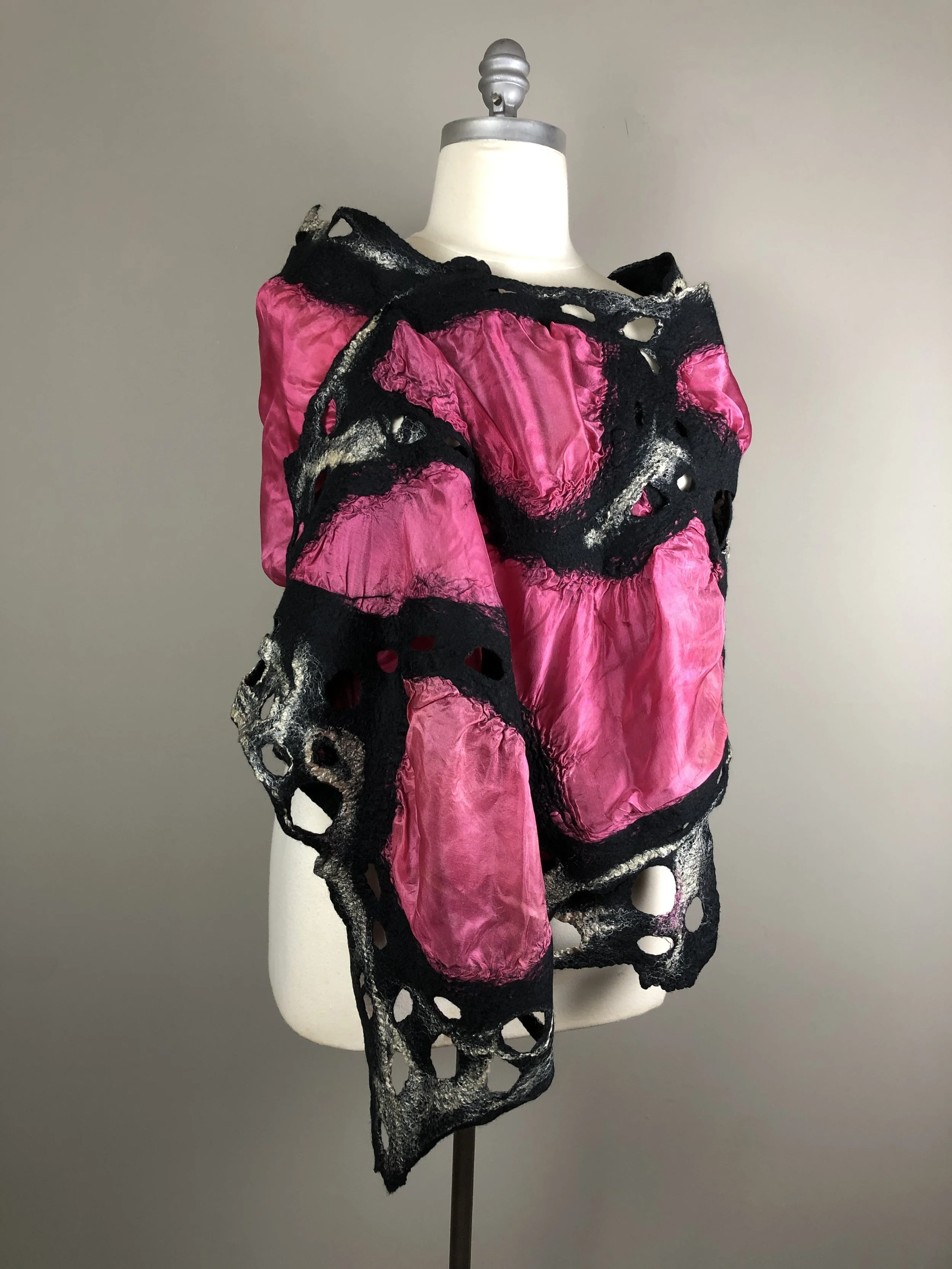 Rose: Hand dyed silk and merino wool shawl. 79" x 20"