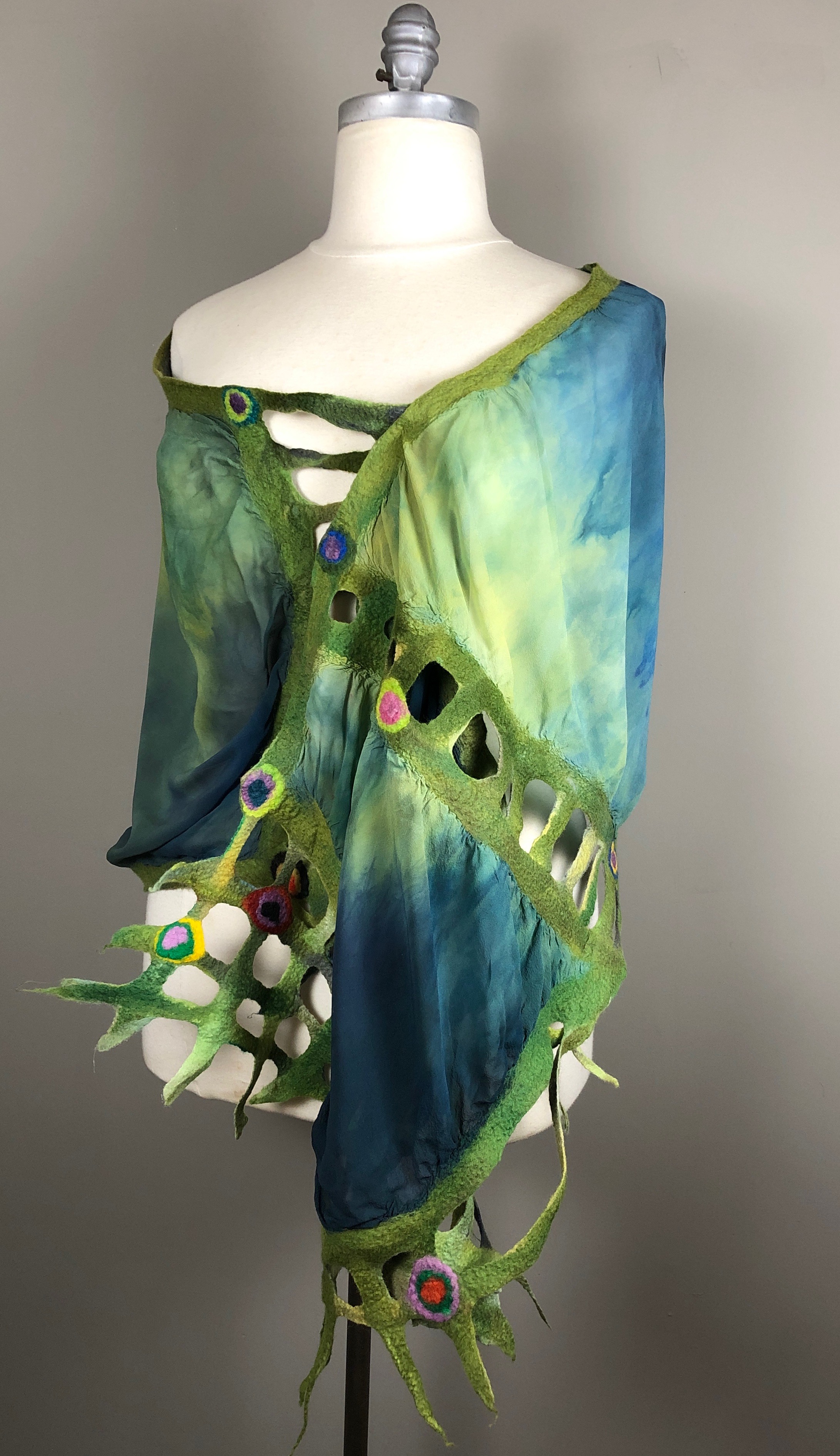 SOLD    Into The Forest: Hand dyed silk and merino wool shawl.