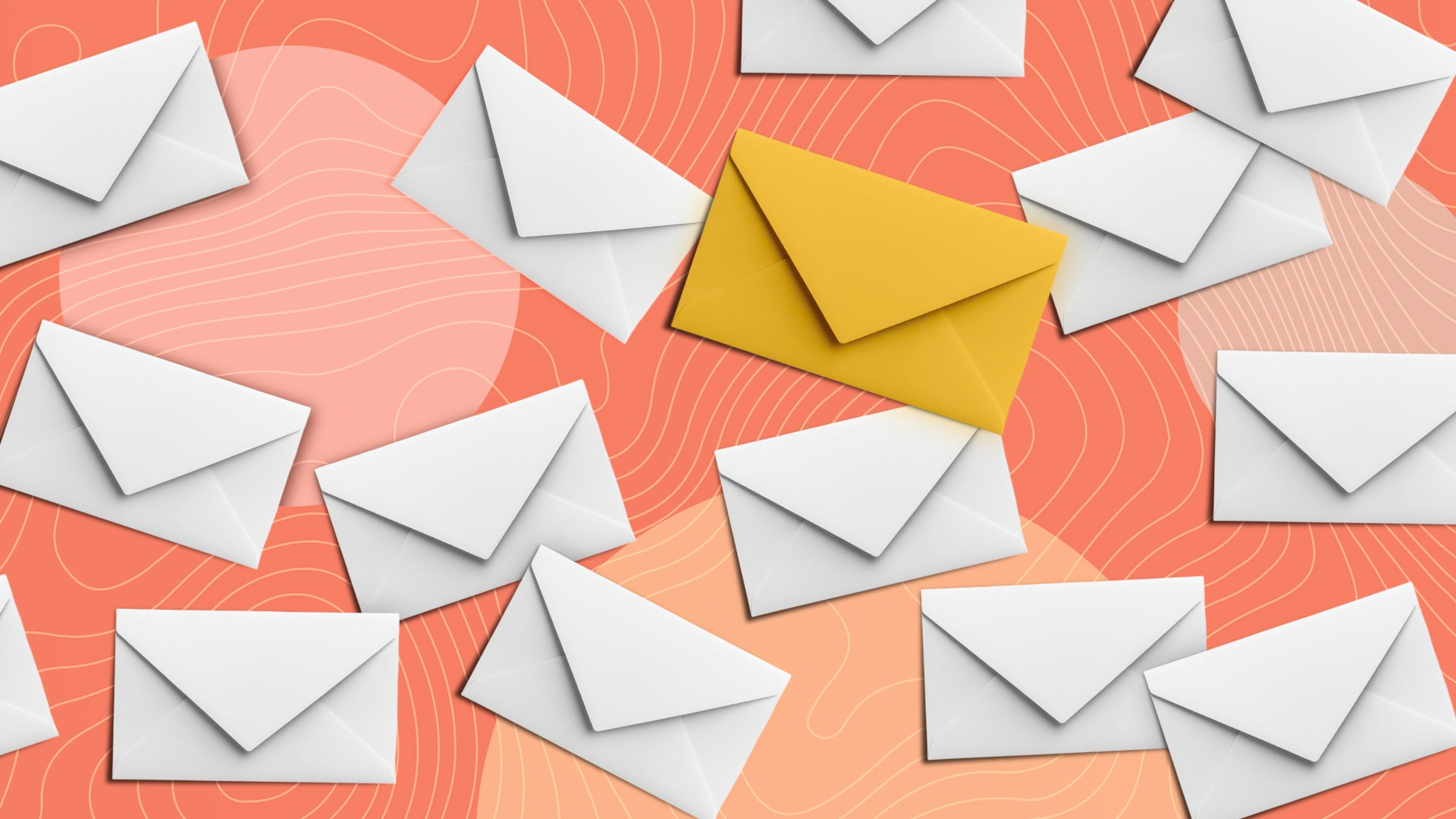 Envelopes on a screen, most of them white and one yellow one.