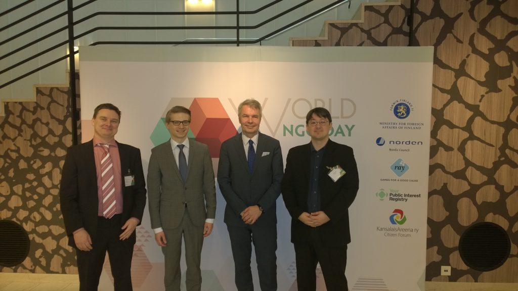  Tom with business partner Ykä Marjanen at World NGO Day, together with the Finnish Minister of Development Pekka Haavisto and the Founder of World NGO Day Marcis Liors Skadmanis 