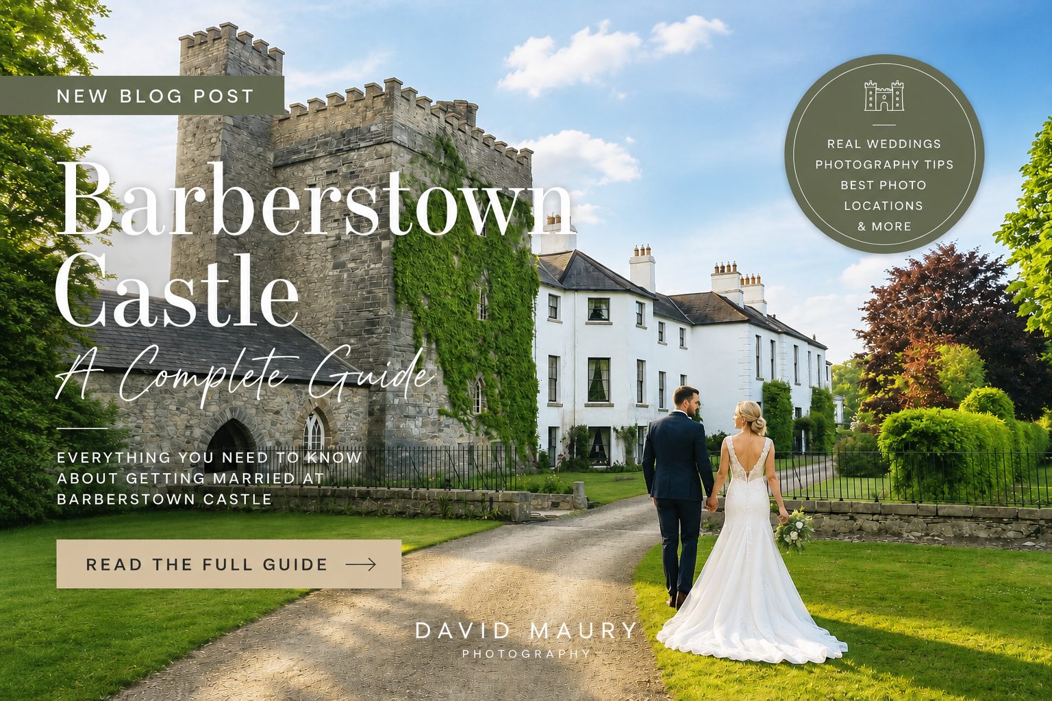 A bride and groom walking hand in hand on a gravel path in front of a historic castle with white buildings and lush greenery, under a blue sky with scattered clouds.