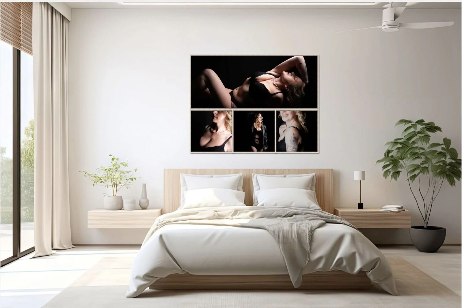 Bath Boutique Studio wall art collection displayed above a bed