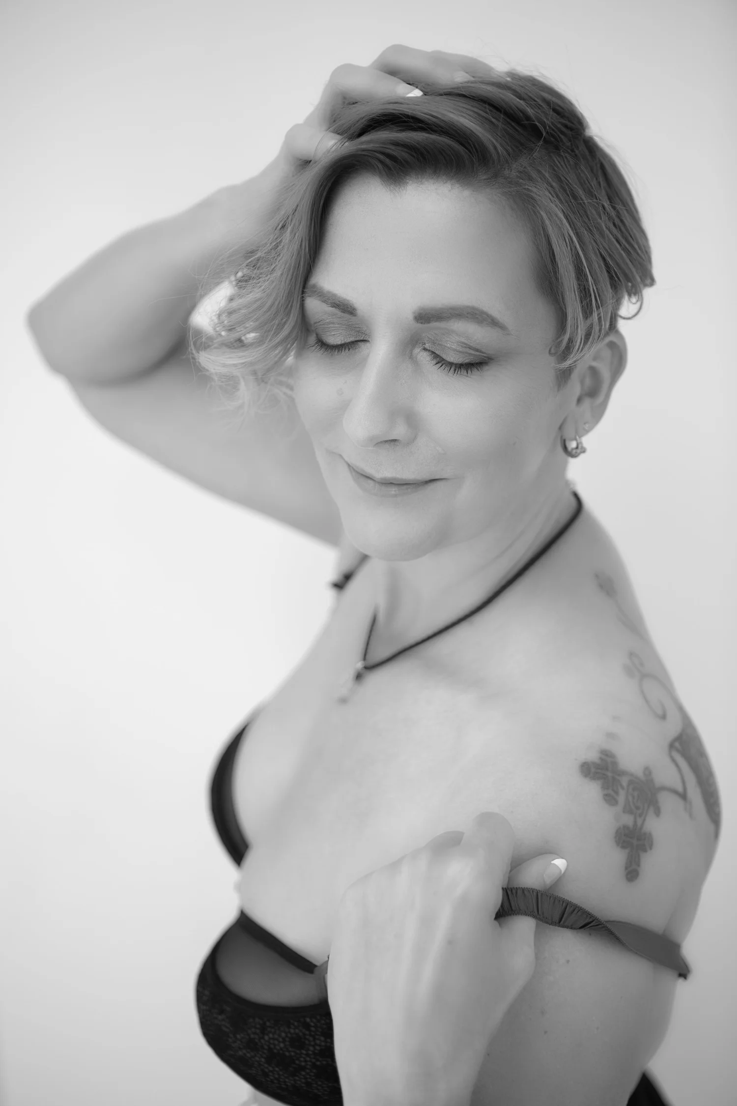 Black and white portrait of a woman over 40