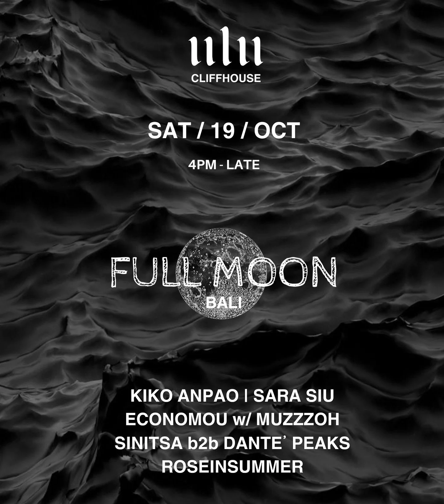 It&rsquo;s that time of the month! 🌕 Full Moon is lighting up @ulucliffhouse on SAT 19 OCT, and we&rsquo;re bringing a lineup you won&rsquo;t forget.

The vibes:
 
-UPSTAIRS -
@rosesinsummer_ : 16:00 - 17:00 
@chriseconomou w/ @muzzzoh : 17:00 - 19:
