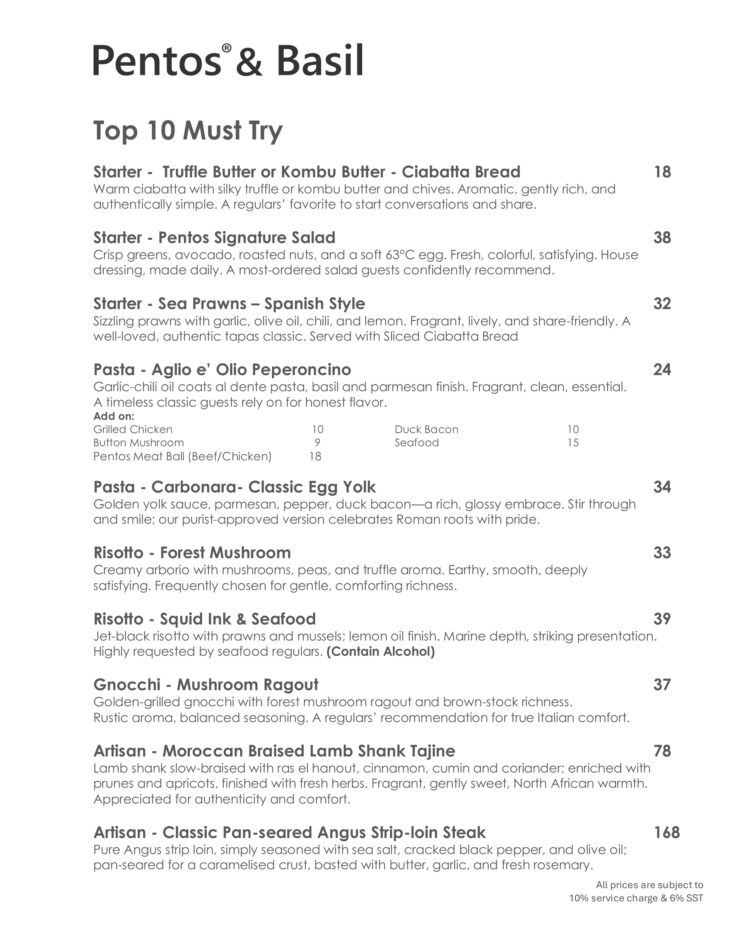 Pentos &amp; Basil Sea Park Menu