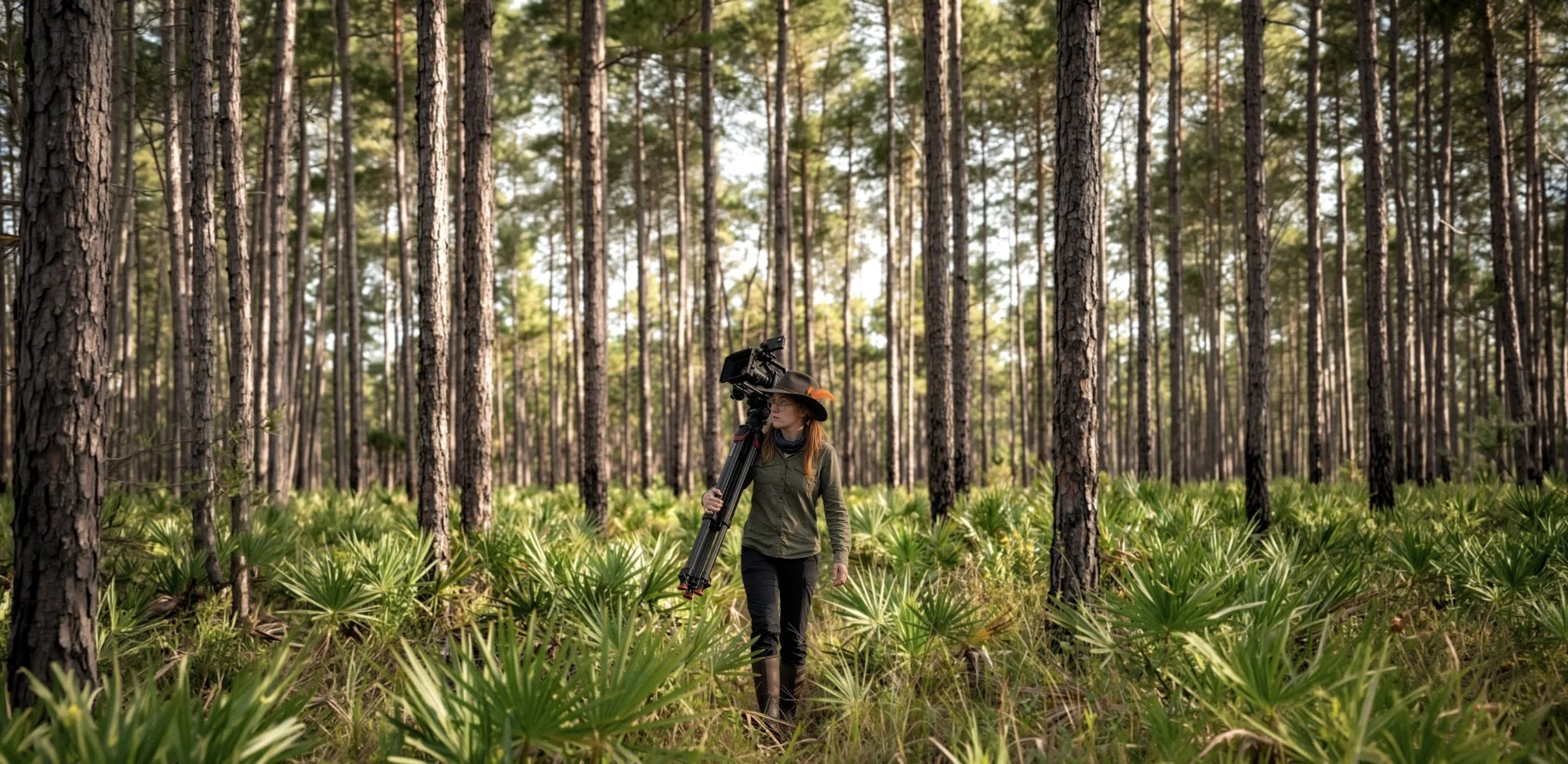 A woman walking through a dense forest with tall trees and green underbrush, carrying a large camera on a tripod.