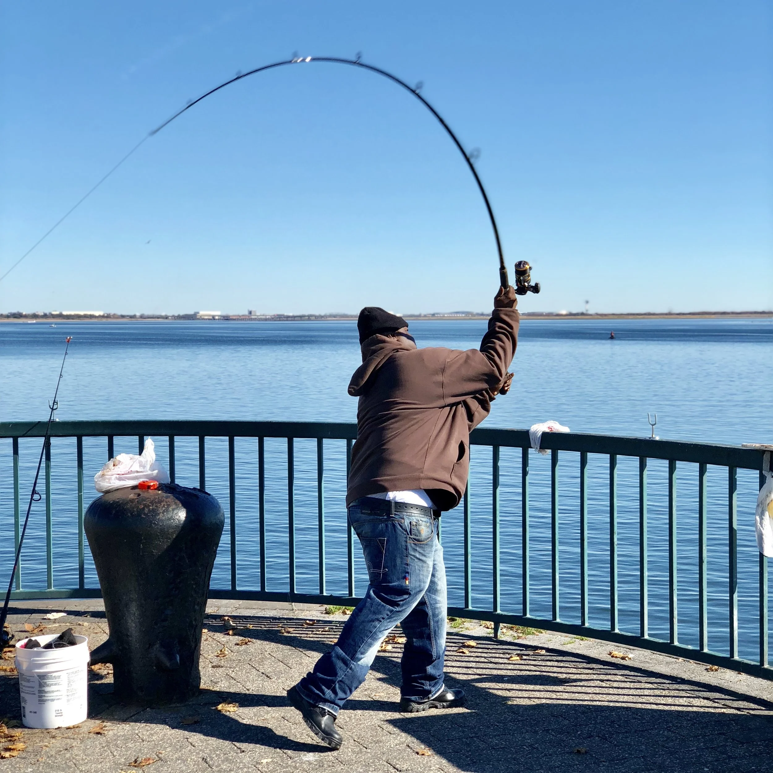 Matthew Jones, 38, of Cypress Hills, Brooklyn, casts his line off Canarsie Pier, where he’s fished for 15 years.