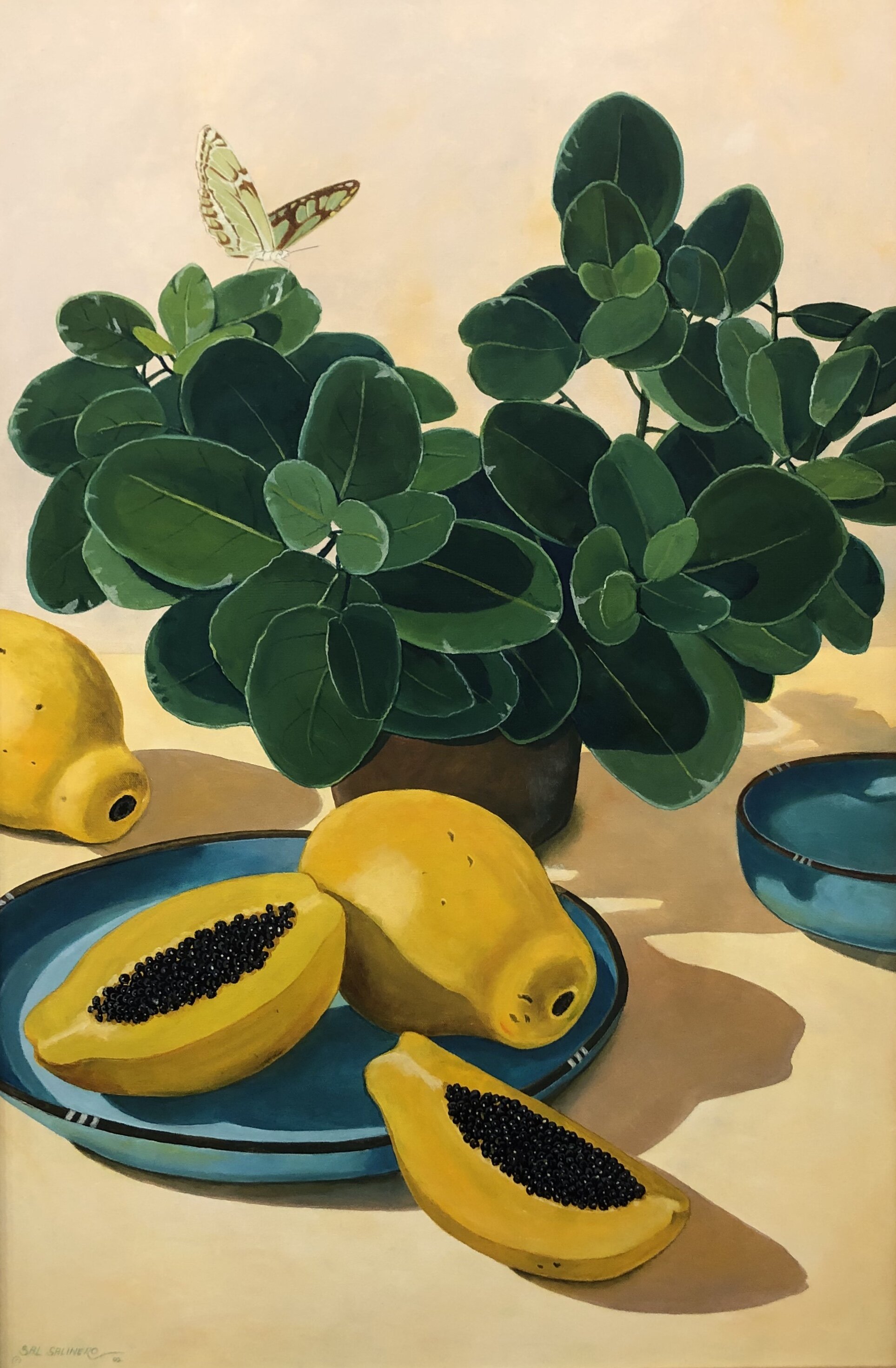 "Papayas on Green Plate"