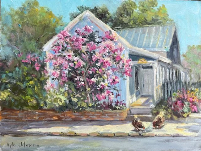 "Baby Blue Cottage with Pink Tree""