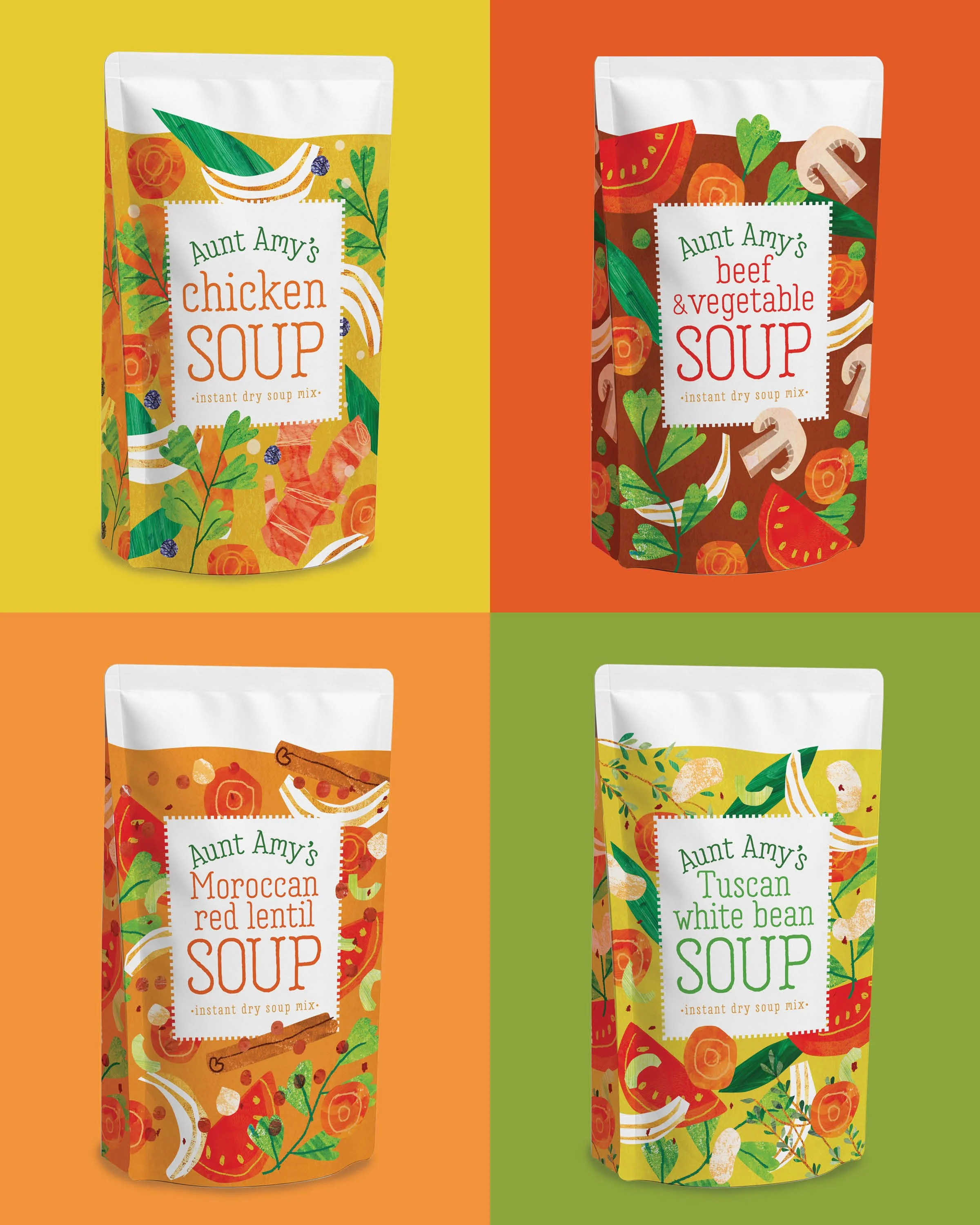 packaging design illustration for soup mix with herbs and vegetables