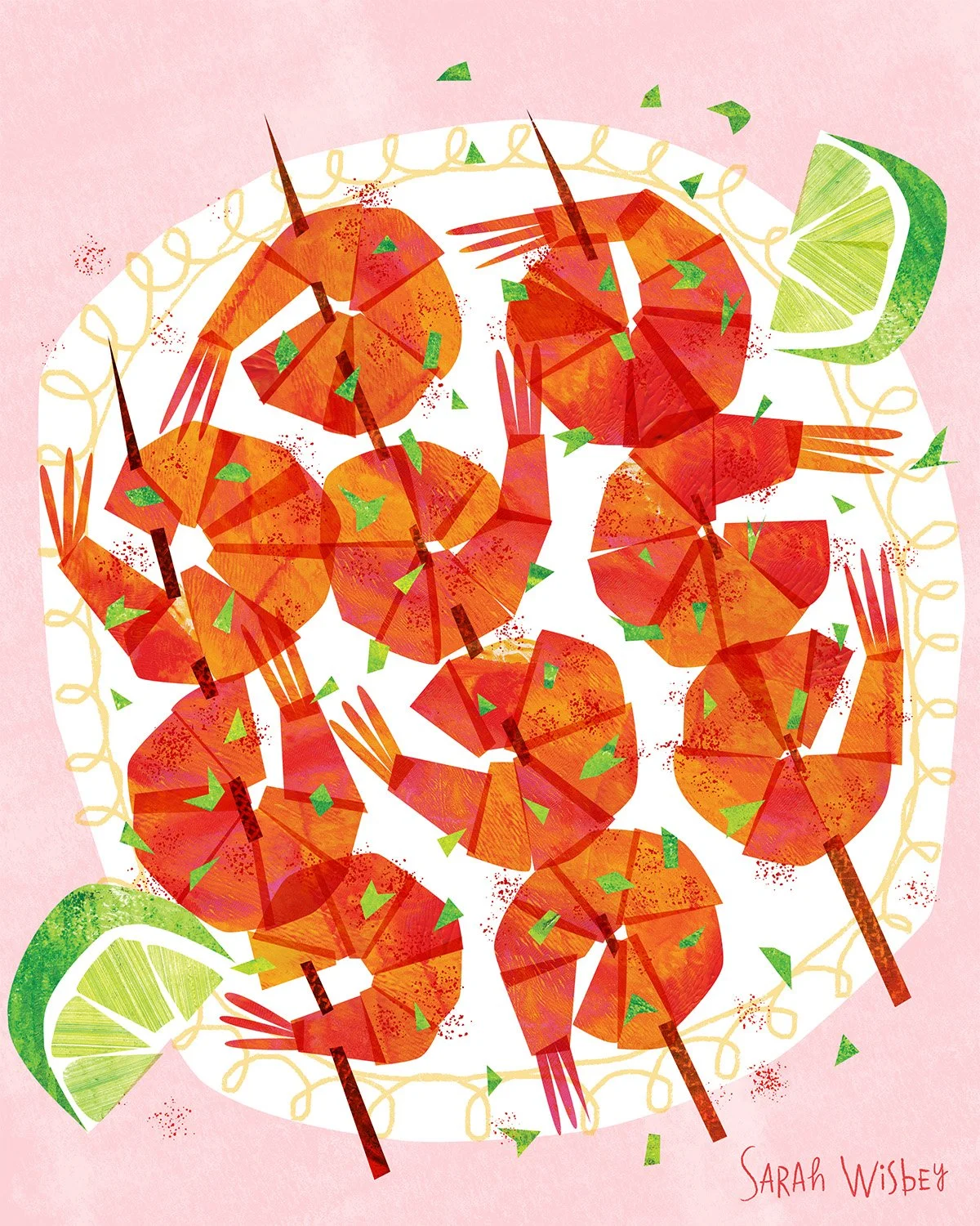 food illustration of spicy grilled shrimp with cilantro and lime