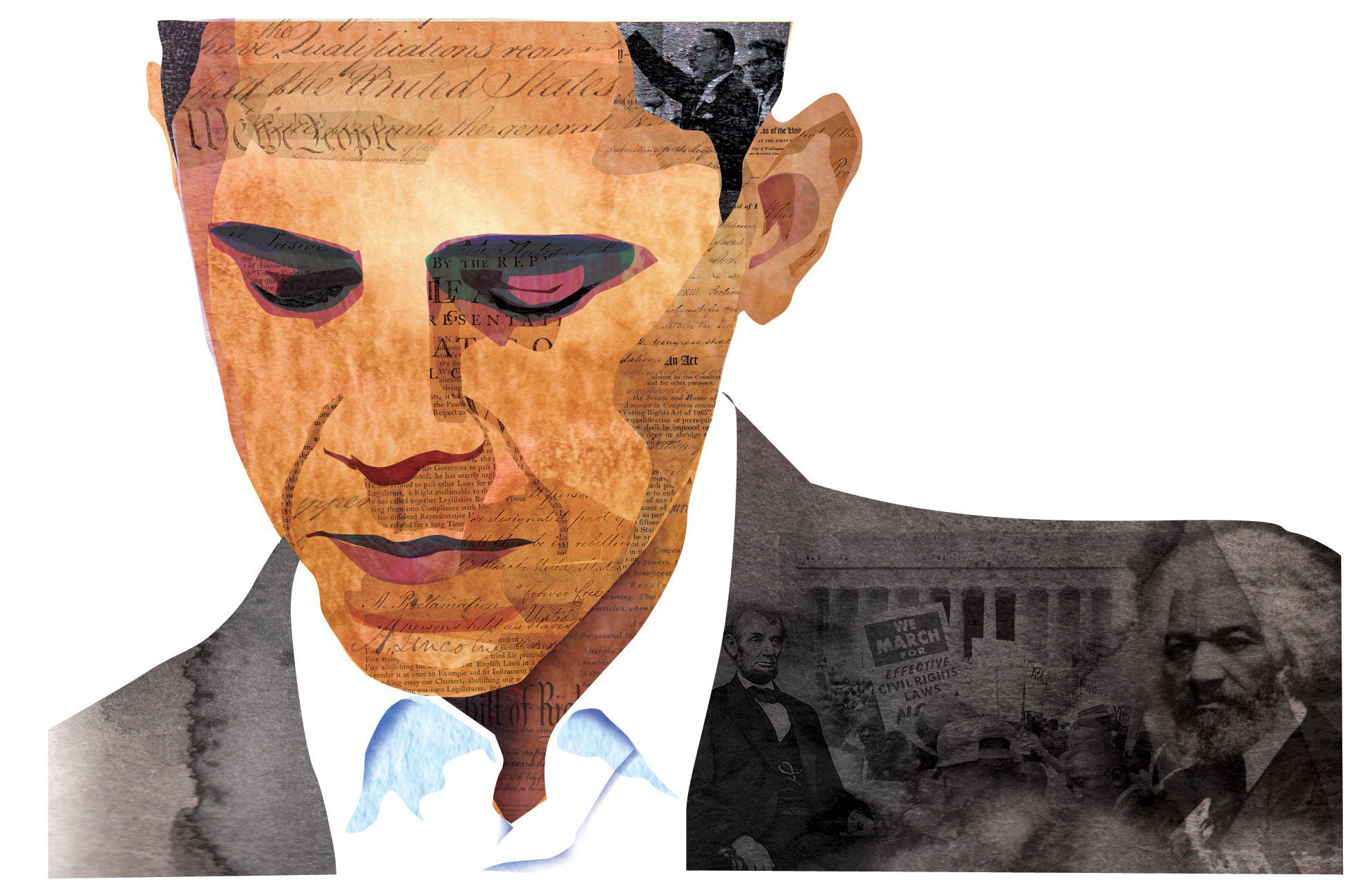 Collage Portrait of Barack Obama. Editorial illustration using historic photographs and documents to depict the history behind our first black president.