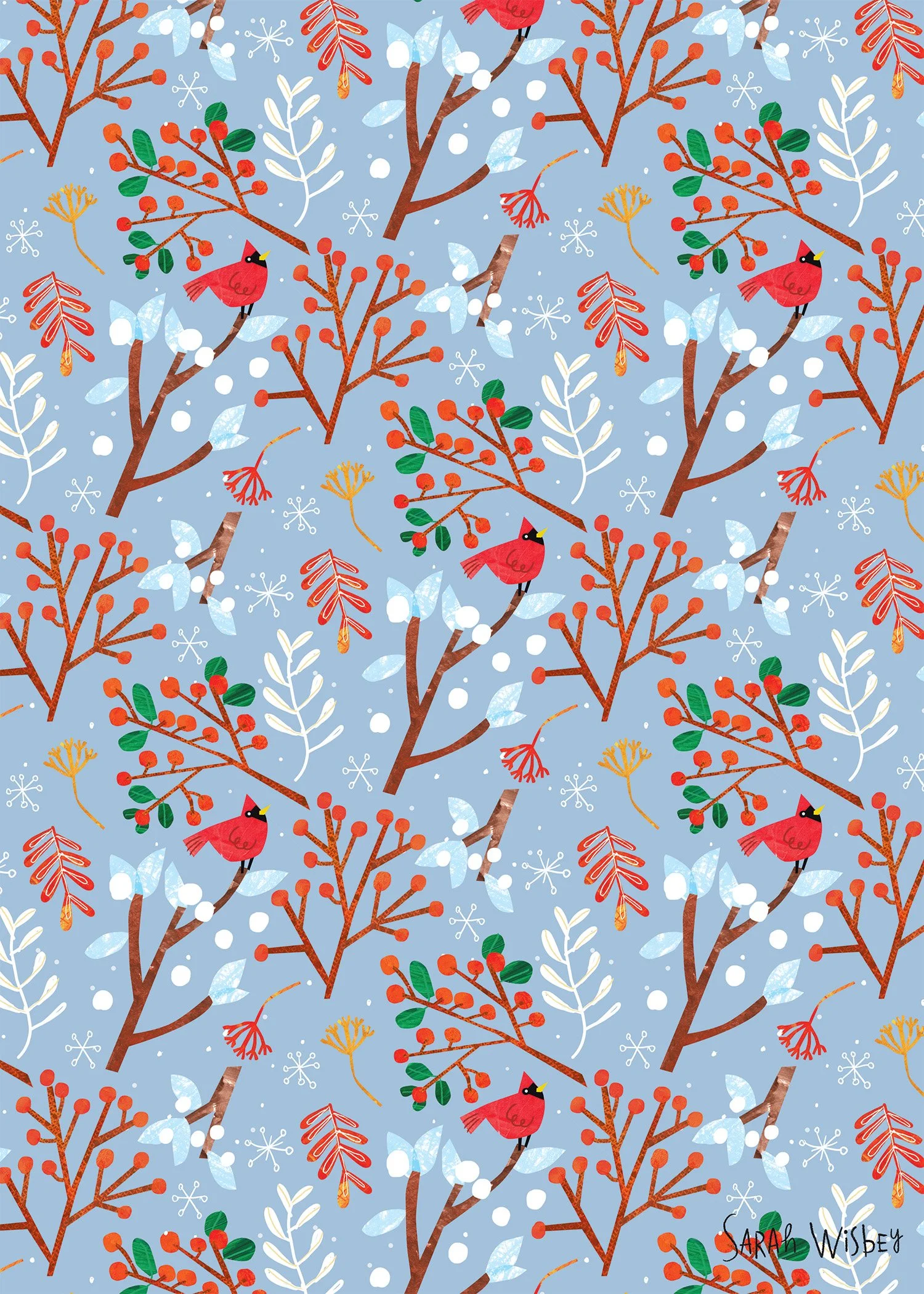 christmas repeat pattern of winter woods with cardinal