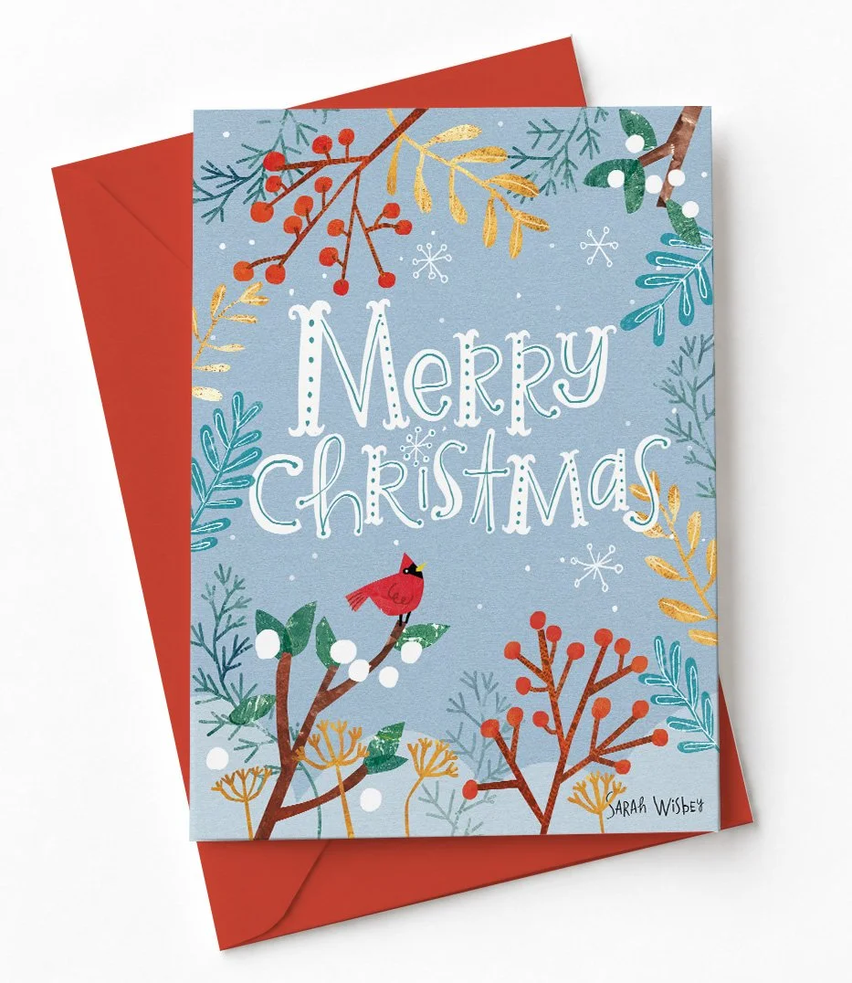 christmas card design of winter woods with a cardinal