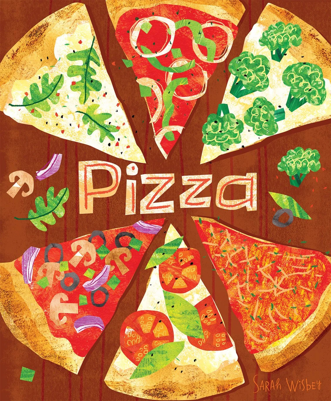 food illustration pizza slices with onion, peppers, broccoli, tomatoes, basil, cheese