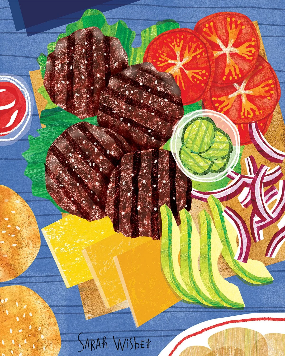 4th of July cookout illustration with burgers, tomatoes, avocado and cheese