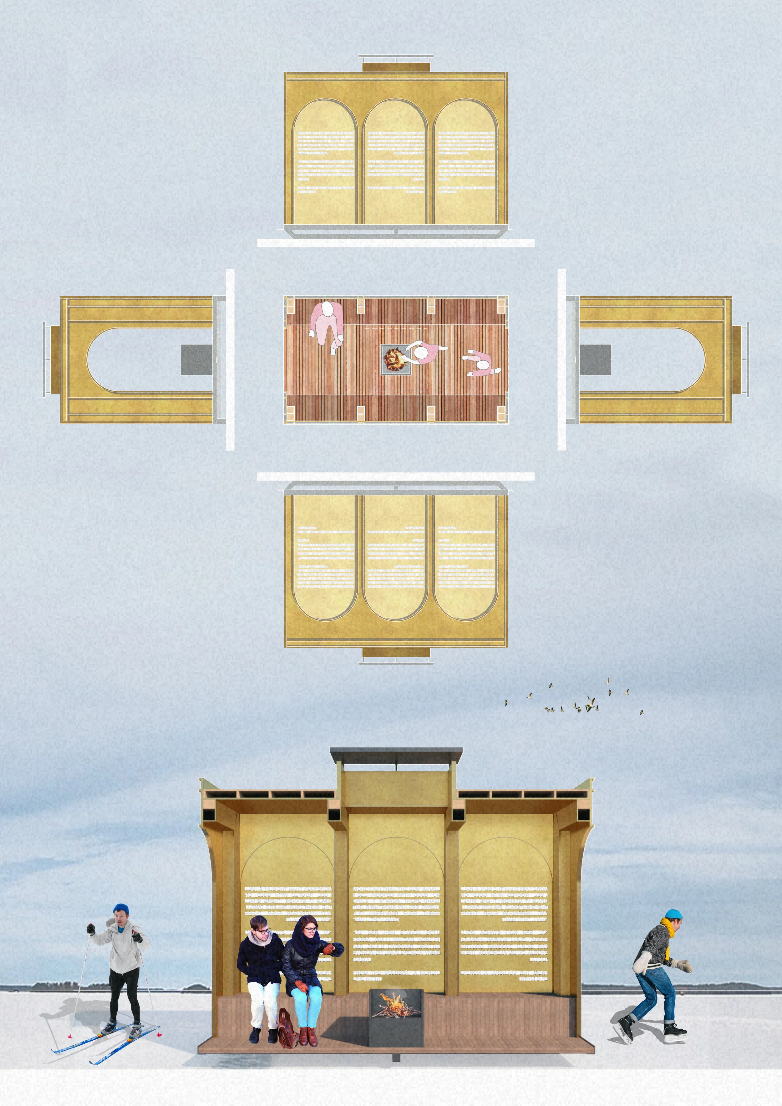 Plan, Elevation And Perspective Section