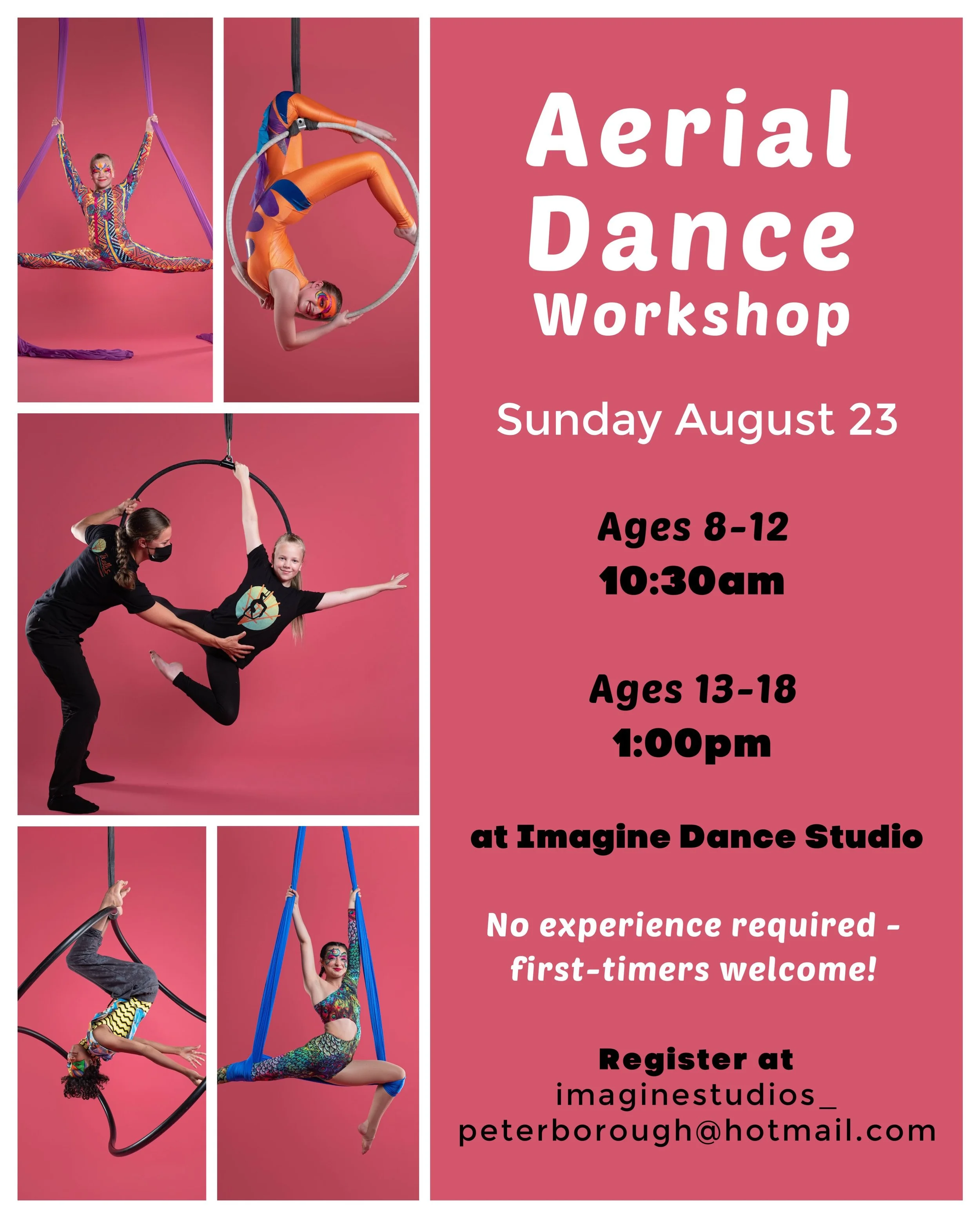 Aerial dance workshops at @ptbimagine this August for youth! 

In this 1.5 hour small-class size workshop, aerial dancer Nicole Malbeuf will introduce students to aerial silks and aerial hoop (lyra) beginner skills and choreography. The workshop will