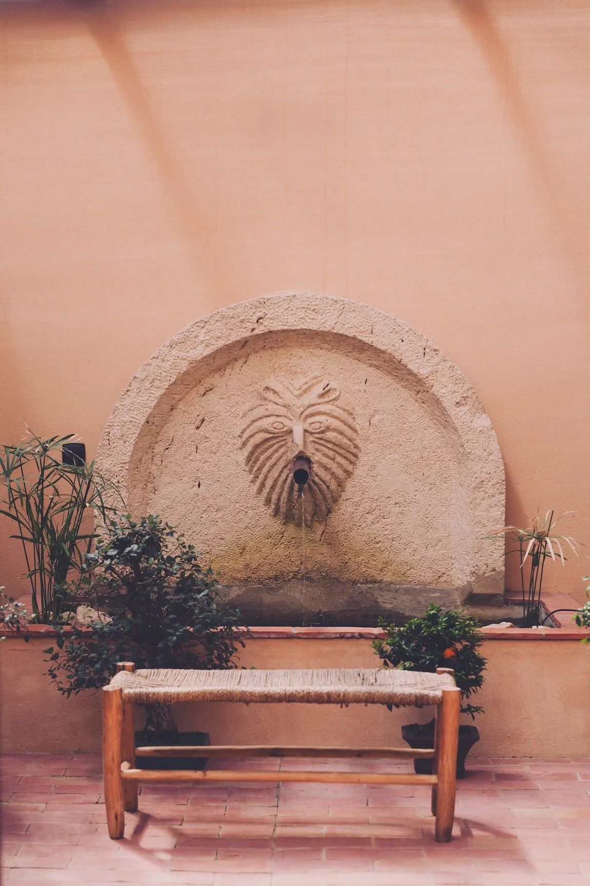 A stone fountain, the water flowing from an abstract lion's head
