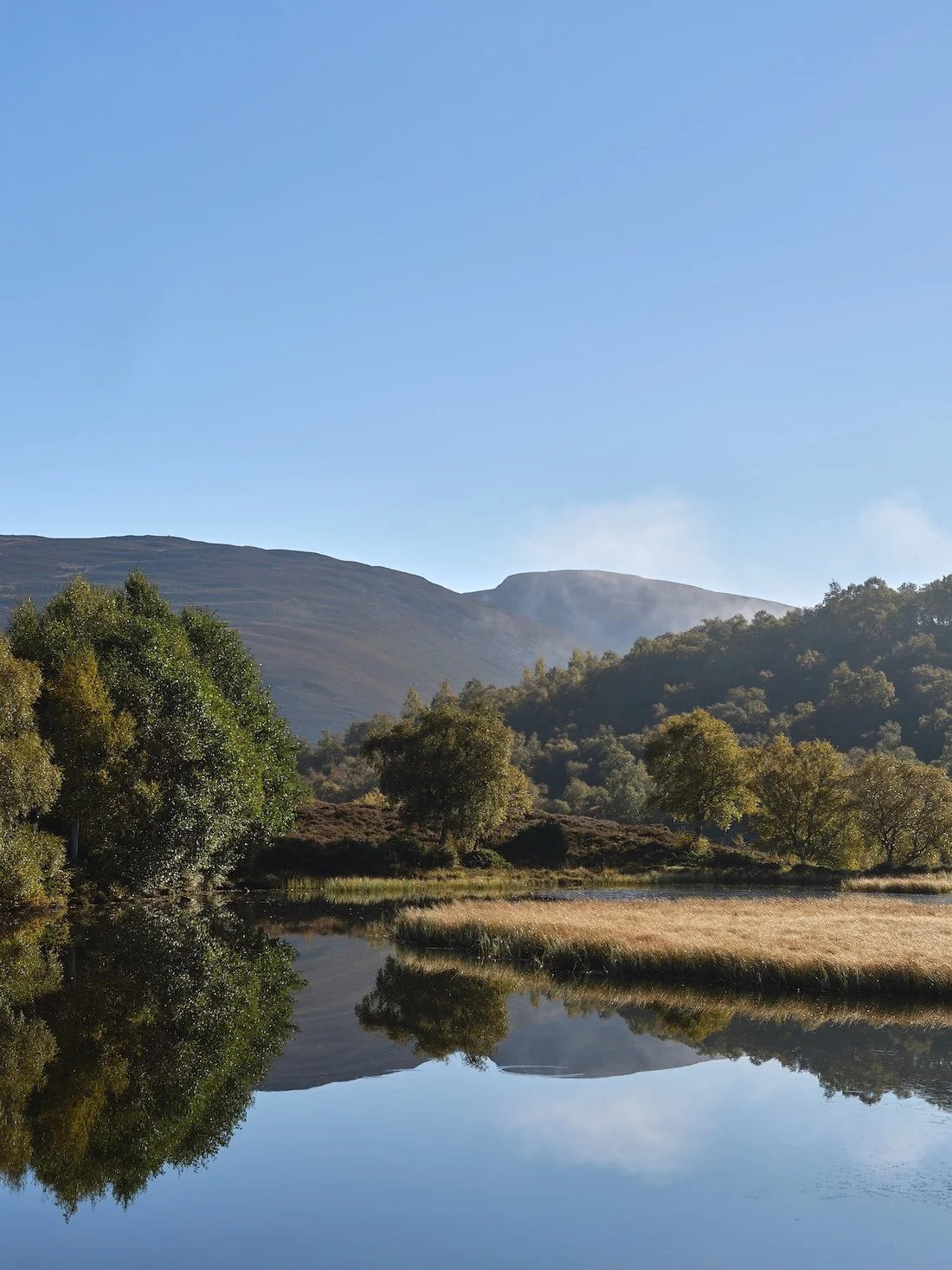 A landscape photograph of a river twisting towards a distant mountain under a blue sky