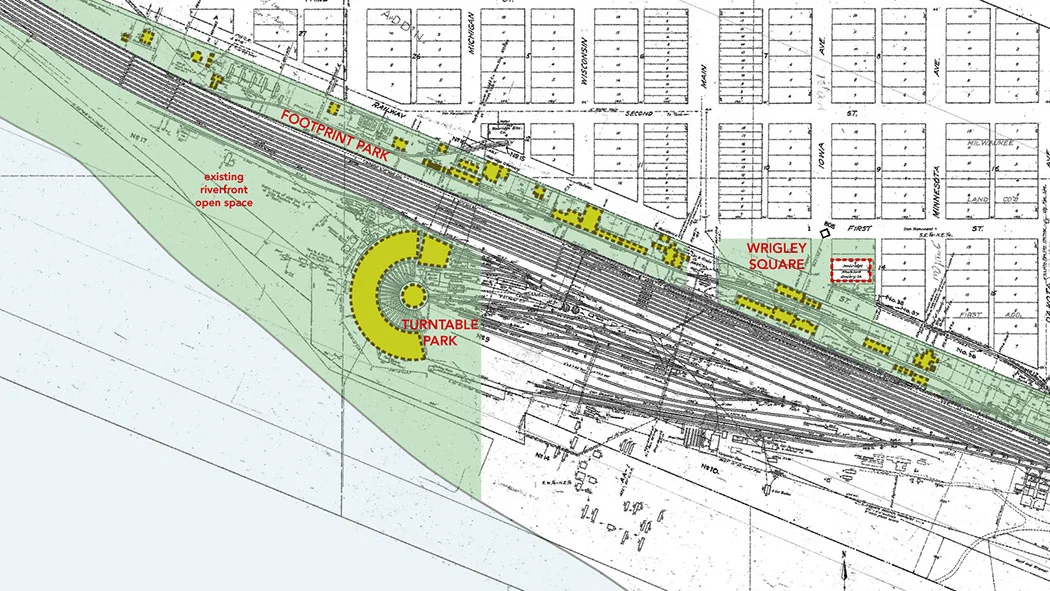 Proposal for Footprint Park, Wrigley Square, and Turntable Park