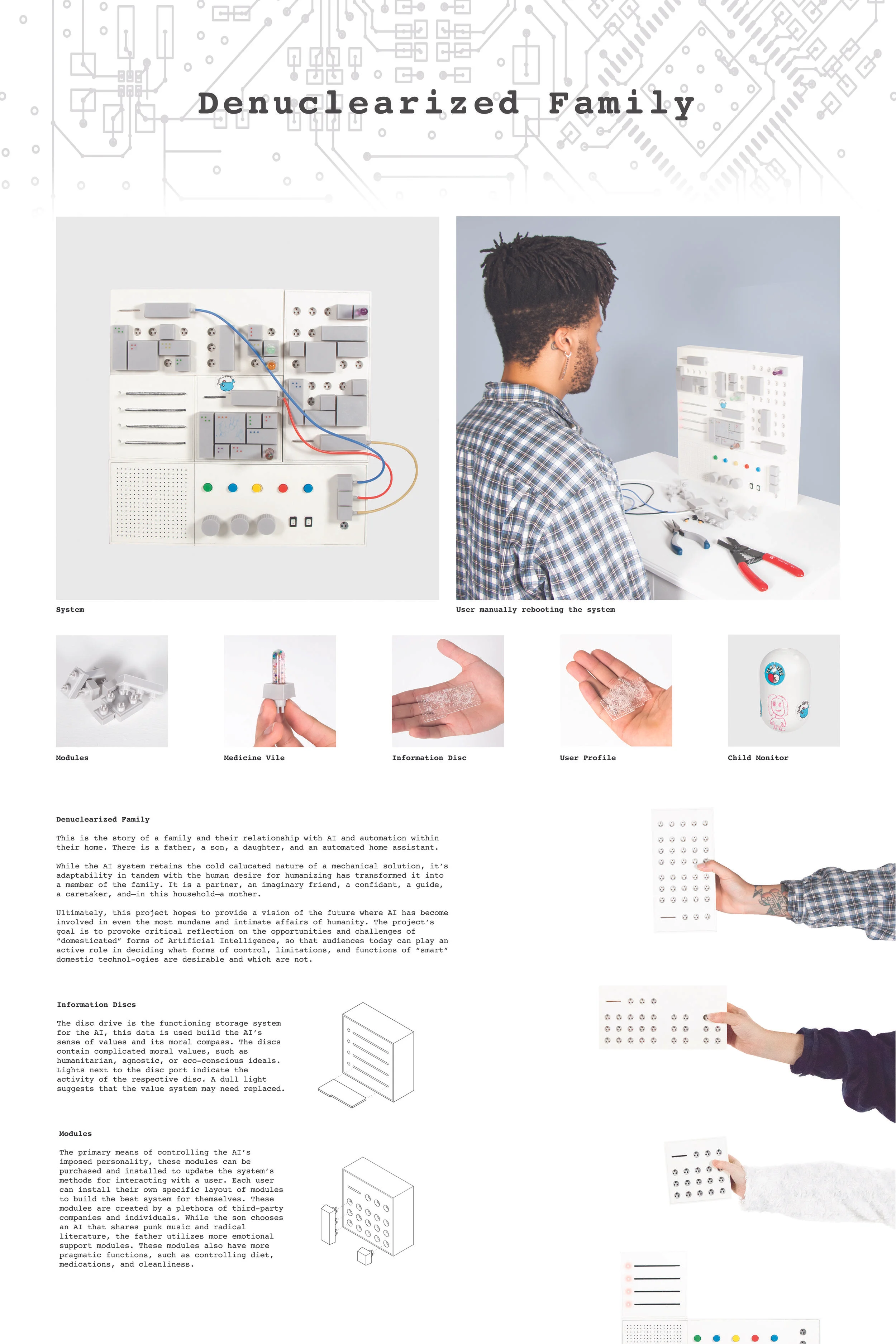 A collaborative, speculative design project by Adriana Noritz and Luke Weaver. Ultimately, this project hopes to provide a vision of the future where AI has become involved in even the most mundane and intimate affairs of humanity. The project’s goal is to provoke critical reflection on the opportunities and challenges of “domesticated” forms of Artificial Intelligence, so that audiences today can play an active role in deciding what forms of control, limitations, and functions of “smart” domestic technologies are desirable and which are not.