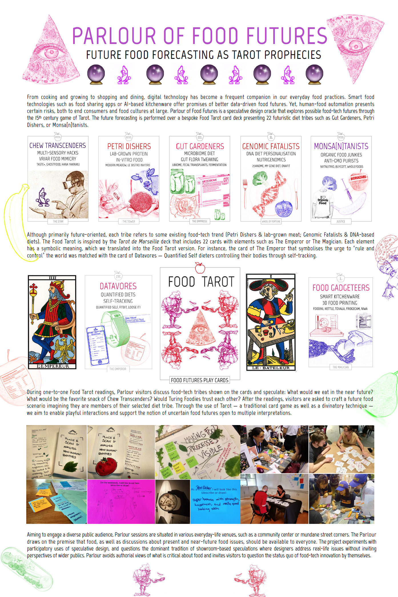 Parlour of Food Futures is a speculative oracle exploring possible food futures through the game of Tarot. The forecasting is performed over a Food Tarot deck presenting futuristic diet tribes such as Petri Dishers or Monsa[n]tanists. Each tribe ref…