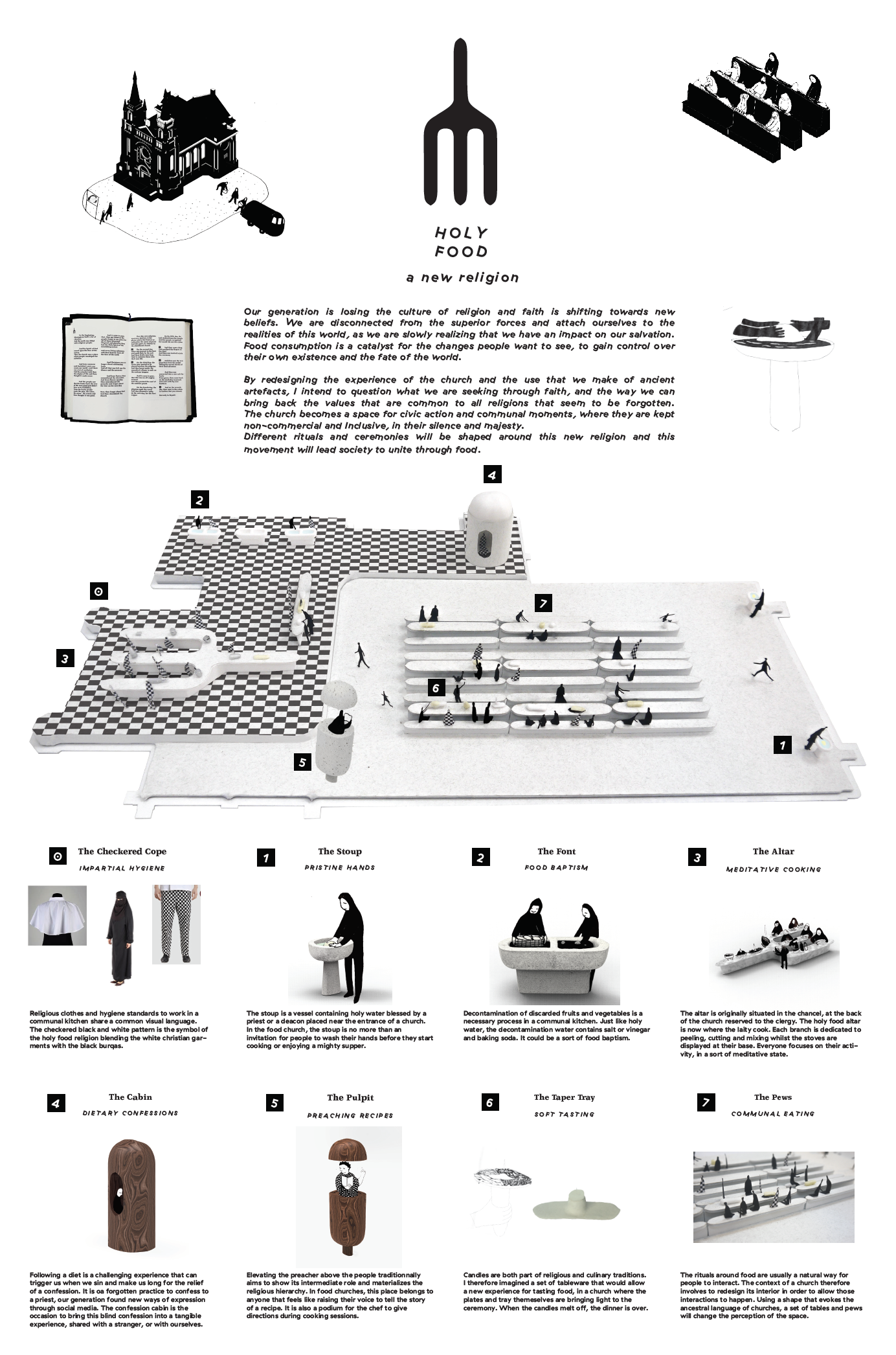 This speculative design project is a self-initiated project. By redesigning the experience of the church and the use that we make of ancient artefacts, I intend to question what we are seeking through faith, and the way we can bring back the values that are common to all religions that seem to be forgotten. The church becomes a space for civic action and communal moments, where they are kept non-commercial and Inclusive, in their silence and majesty. Different rituals and ceremonies will be shaped around this new religion and this movement will lead society to unite through food.