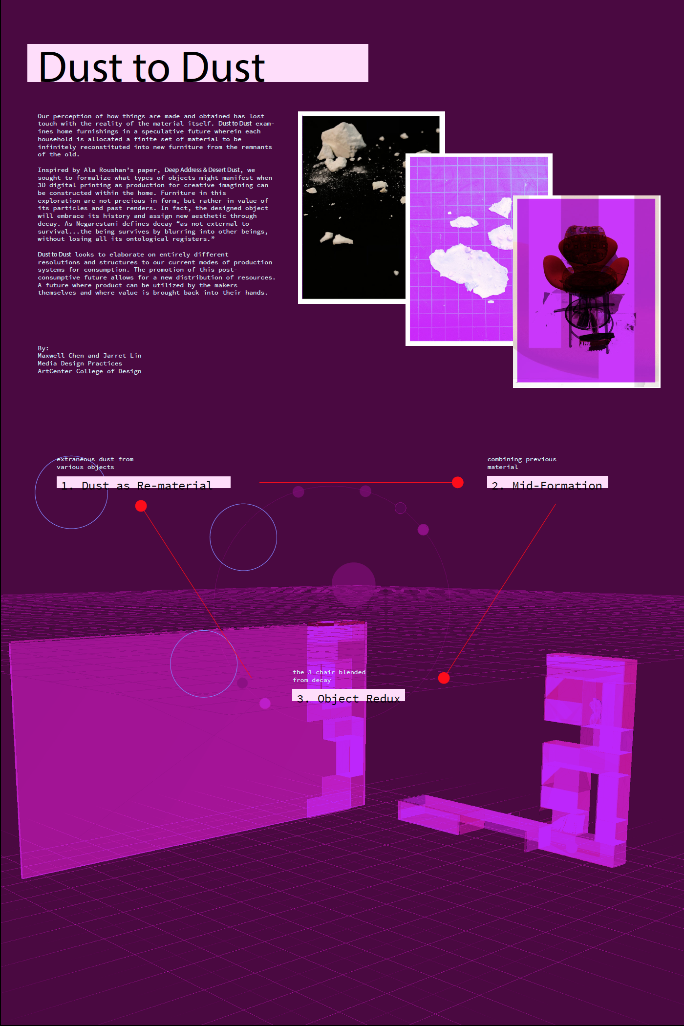 Dust to DustMaxwell ChenOur perception of how things are made and obtained has lost touch with the reality of the material itself. Dust to Dust examines home furnishings in a speculative future wherein each household is allocated a finite set of mat…